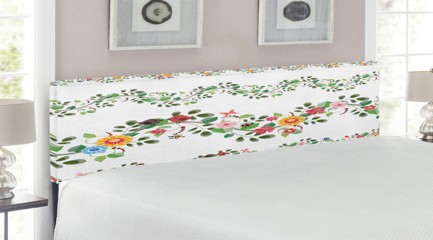 Ambesonne Green Floral Headboard - Vintage Upholstered Metal Bed Headboard with Memory Foam, King Size, Multicolor Abstract Foliage Design | Perfect for Master Bedroom Decor & Romantic Bedroom Makeover