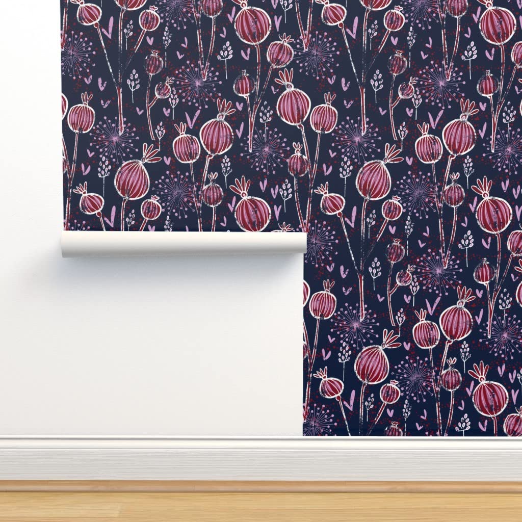 12ft x 2ft Navy Shabby Floral Peel & Stick Wallpaper - Removable Self-Adhesive Wallpaper with Meadow Poppy Design by Spoonflower | Perfect for Bedroom, Nursery, Living Room & Home Office Decor