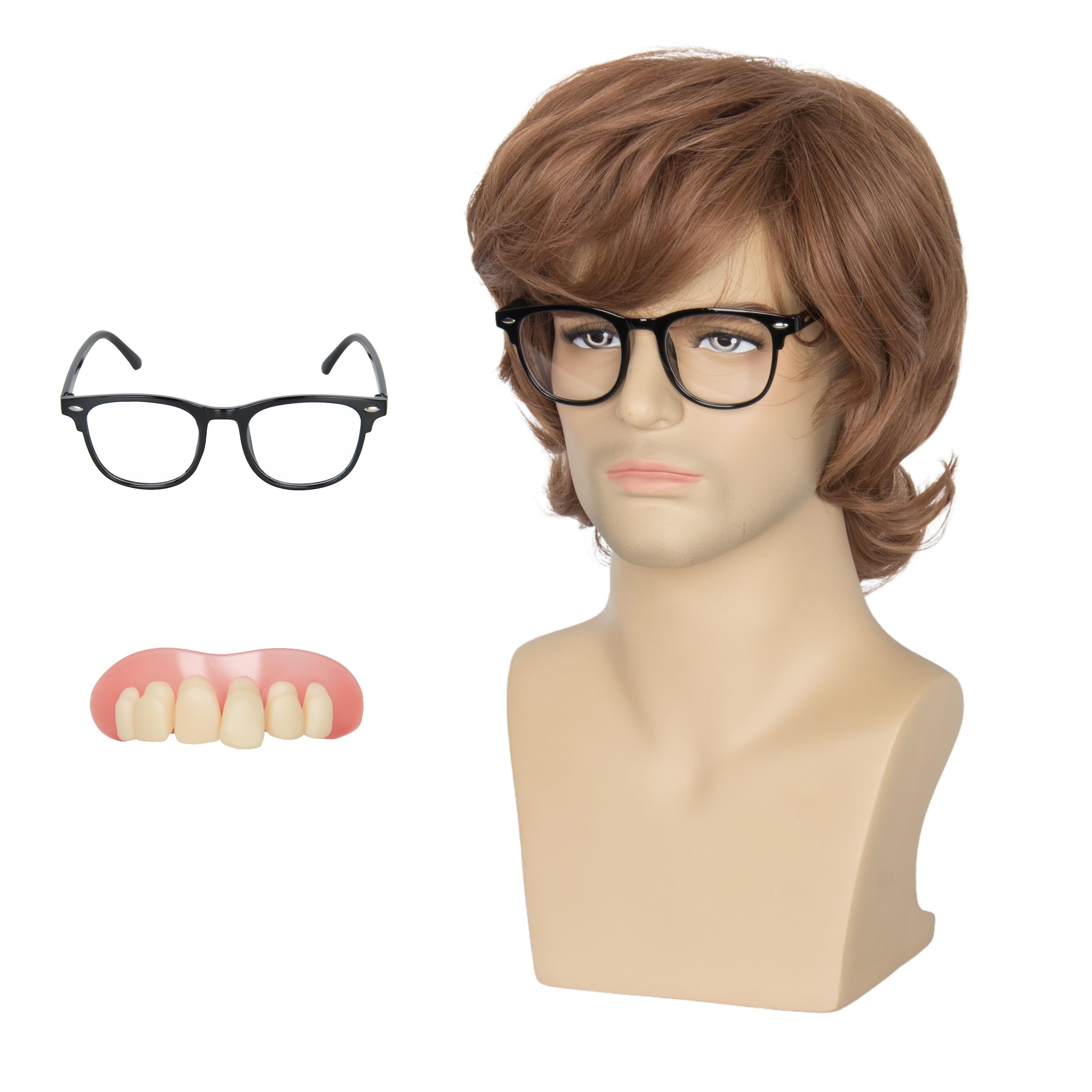 Golden Brown Shaggy Wig for Men - Austin Powers Costume Hair with Black Glasses & Fake Teeth Set | Halloween Party, Cosplay, Themed Events, 70s Disco Outfit Accessory