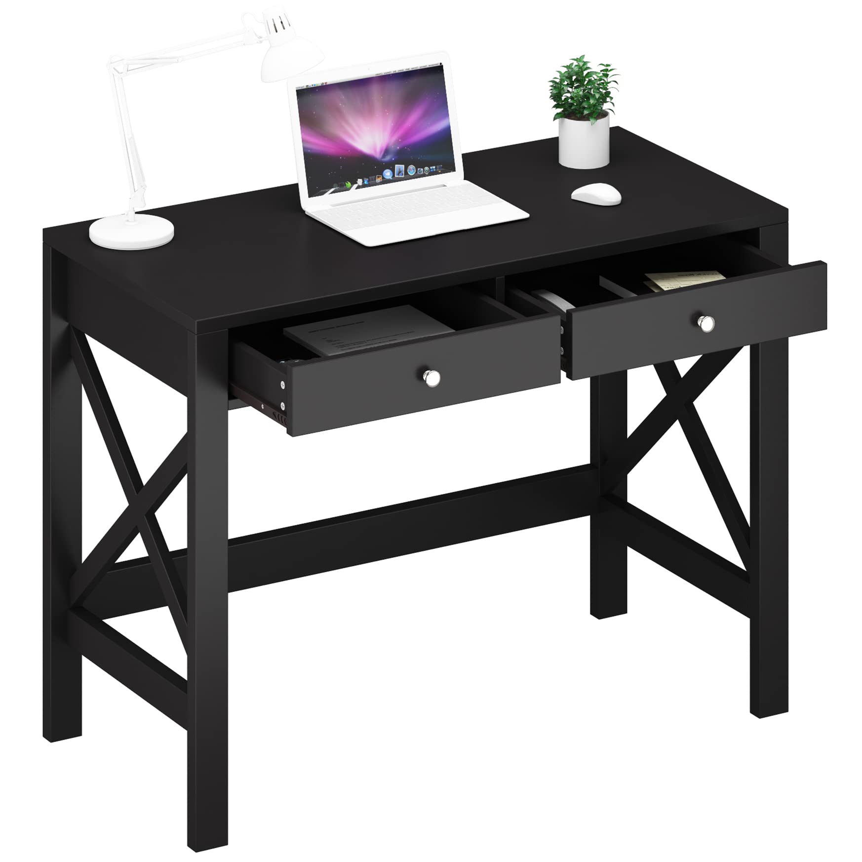 Modern Black Home Office Desk with Drawers - Computer Writing Desk & Makeup Vanity Table - Perfect for Small Spaces, Work from Home & Beauty Station