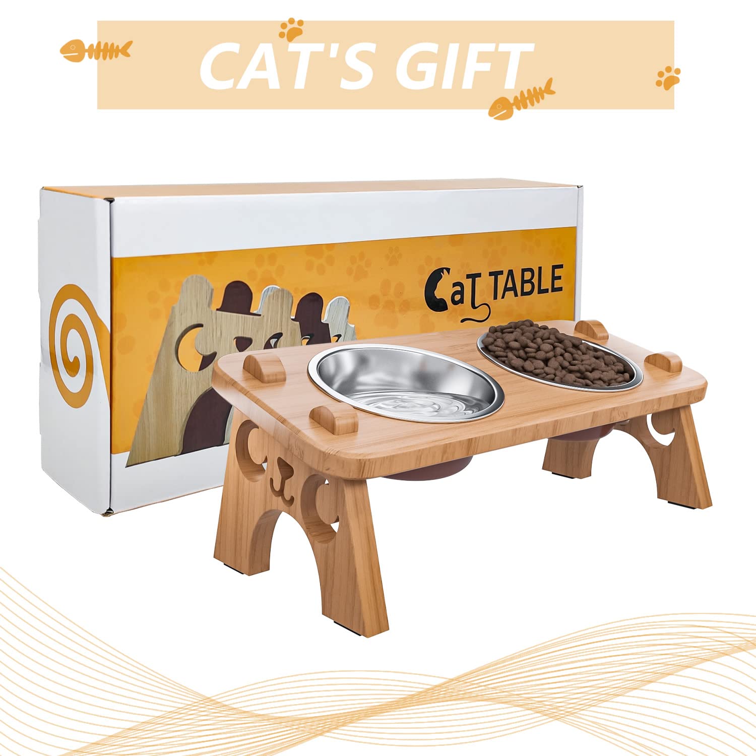 Tilted Raised Cat Bowls - Bamboo Feeder Set for Cats & Small Dogs (Walnut) - Perfect for Easy Feeding