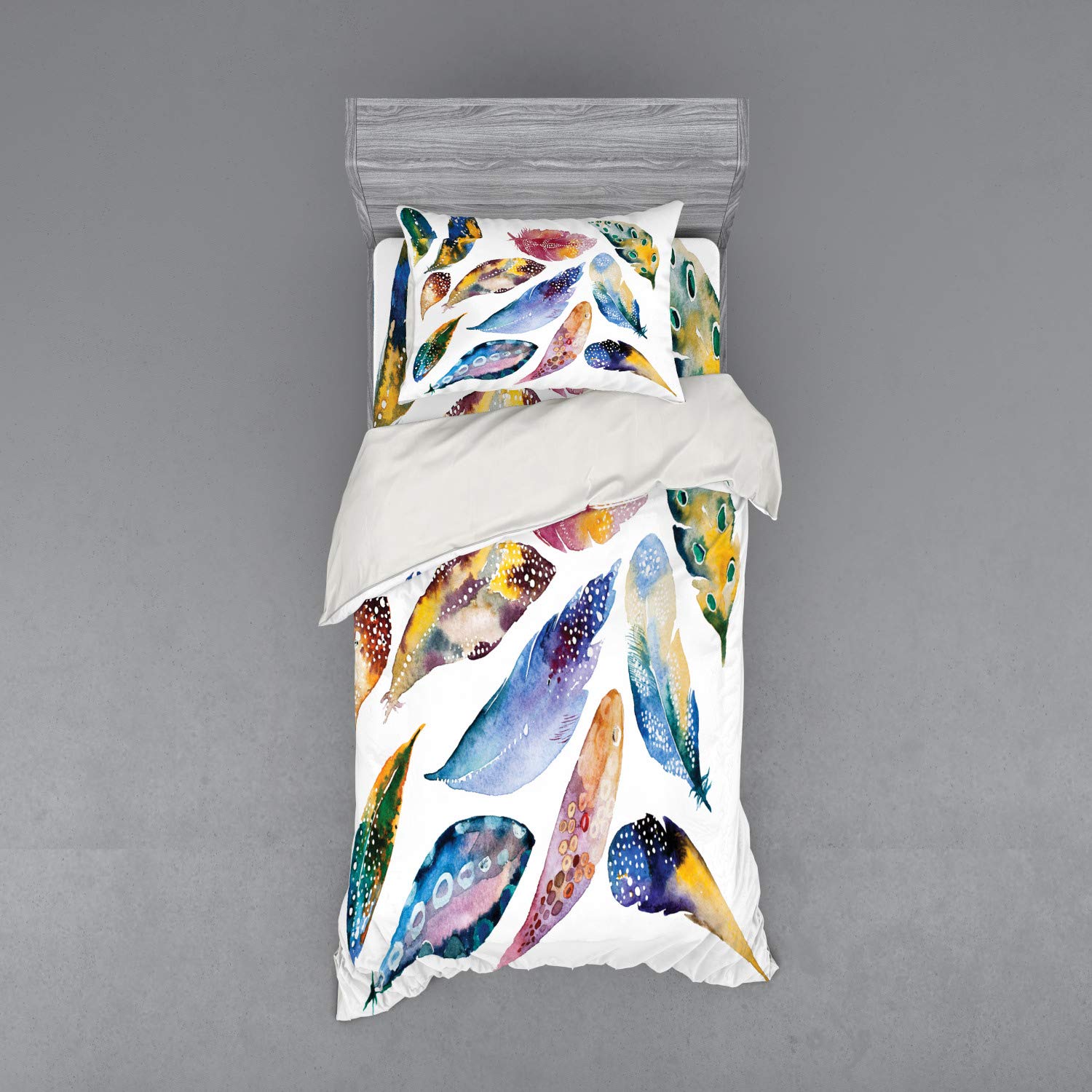 Ambesonne Tribal Bedding Set - 3 Piece Duvet Cover with Sham & Fitted Sheet, Twin XL Size, Multicolor Feather & Balance Harmony Print | Boho Chic Bedroom Decor for Teens & Adults