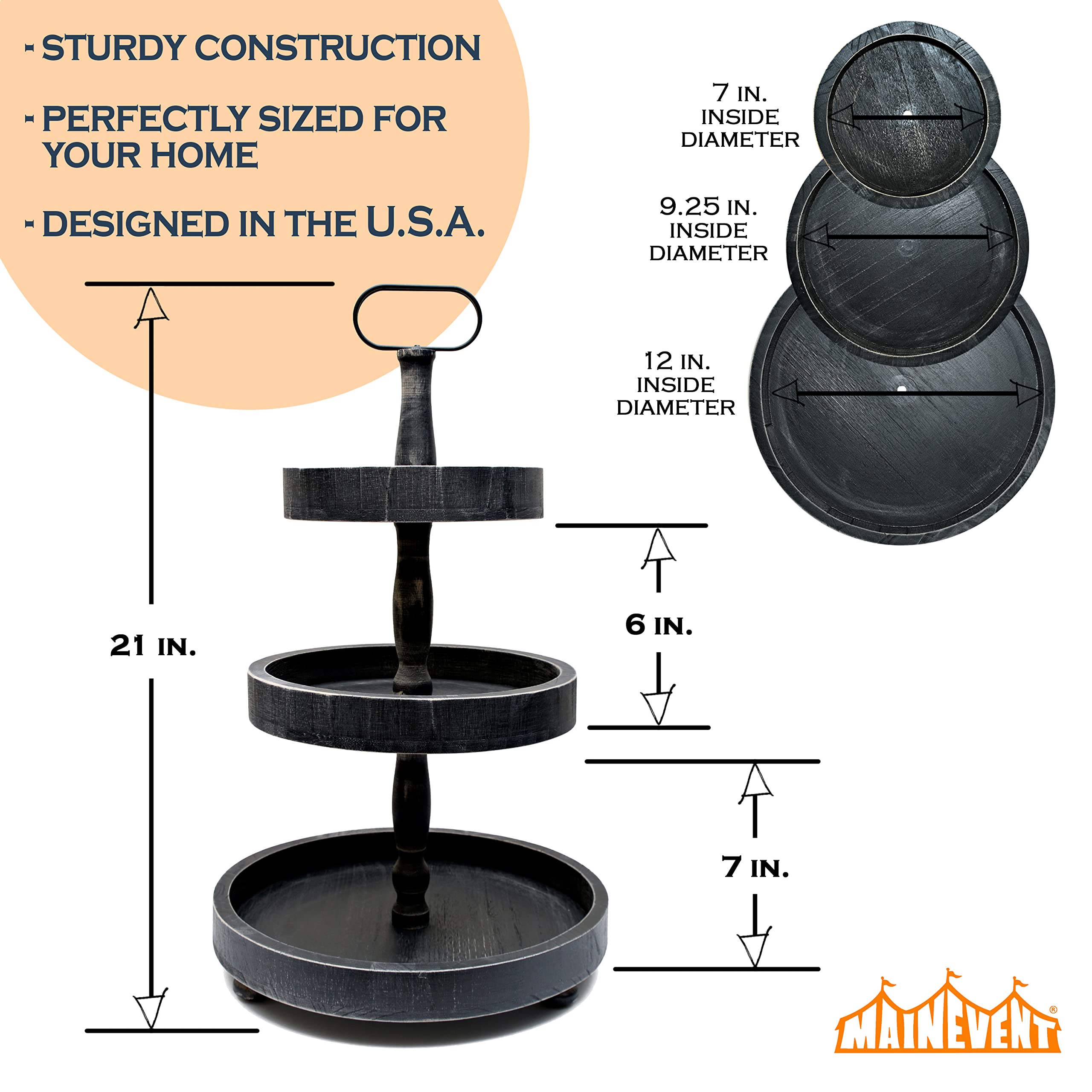 3 Tier Rustic Wooden Tiered Tray with Bead Garland - Farmhouse Decor for Kitchen Counter, Dining Table & Coffee Table - Black Stand Display Organizer for Fruits, Desserts, Home Decor