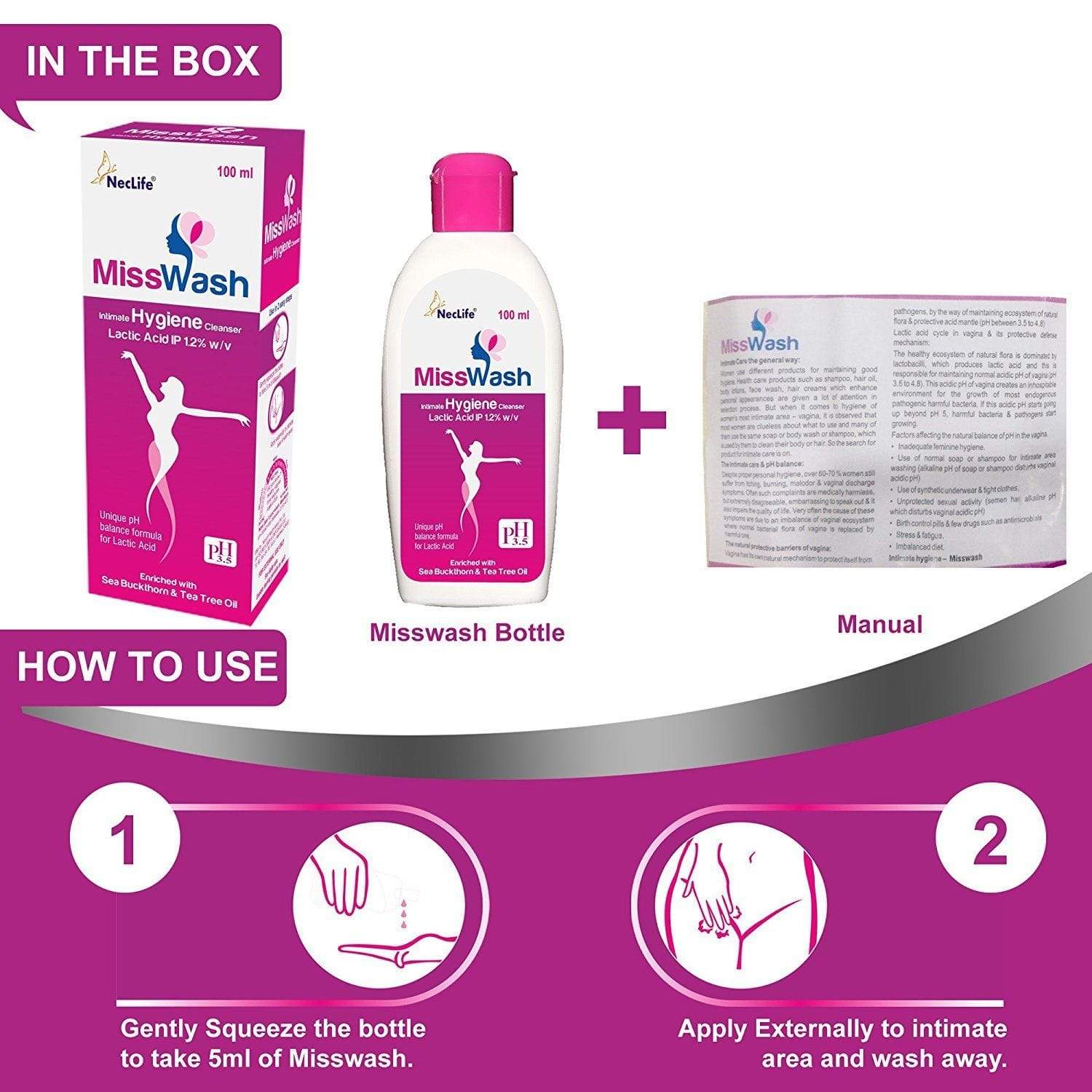 MissWash Expert Intimate Hygiene Wash 100ml (Pack of 3) | pH Balanced Feminine Wash for Daily Care | Gentle Cleansing for Sensitive Skin | Perfect for Travel & Gym