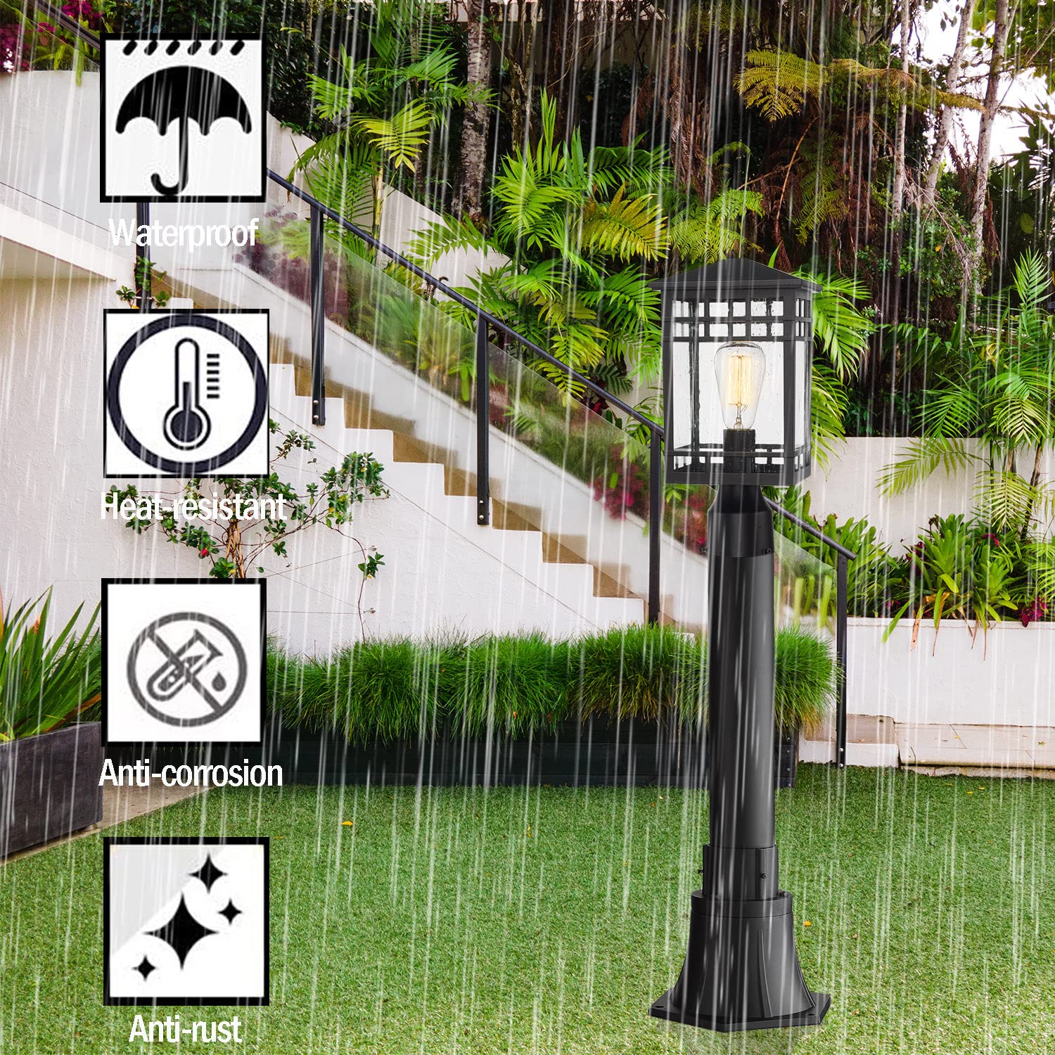 Outdoor Post Lights - Waterproof Aluminum Lamp Post Fixture with Seeded Glass for Walkway, Garden, Patio | Durable Exterior Lighting for Driveway, Yard & Landscape Decor
