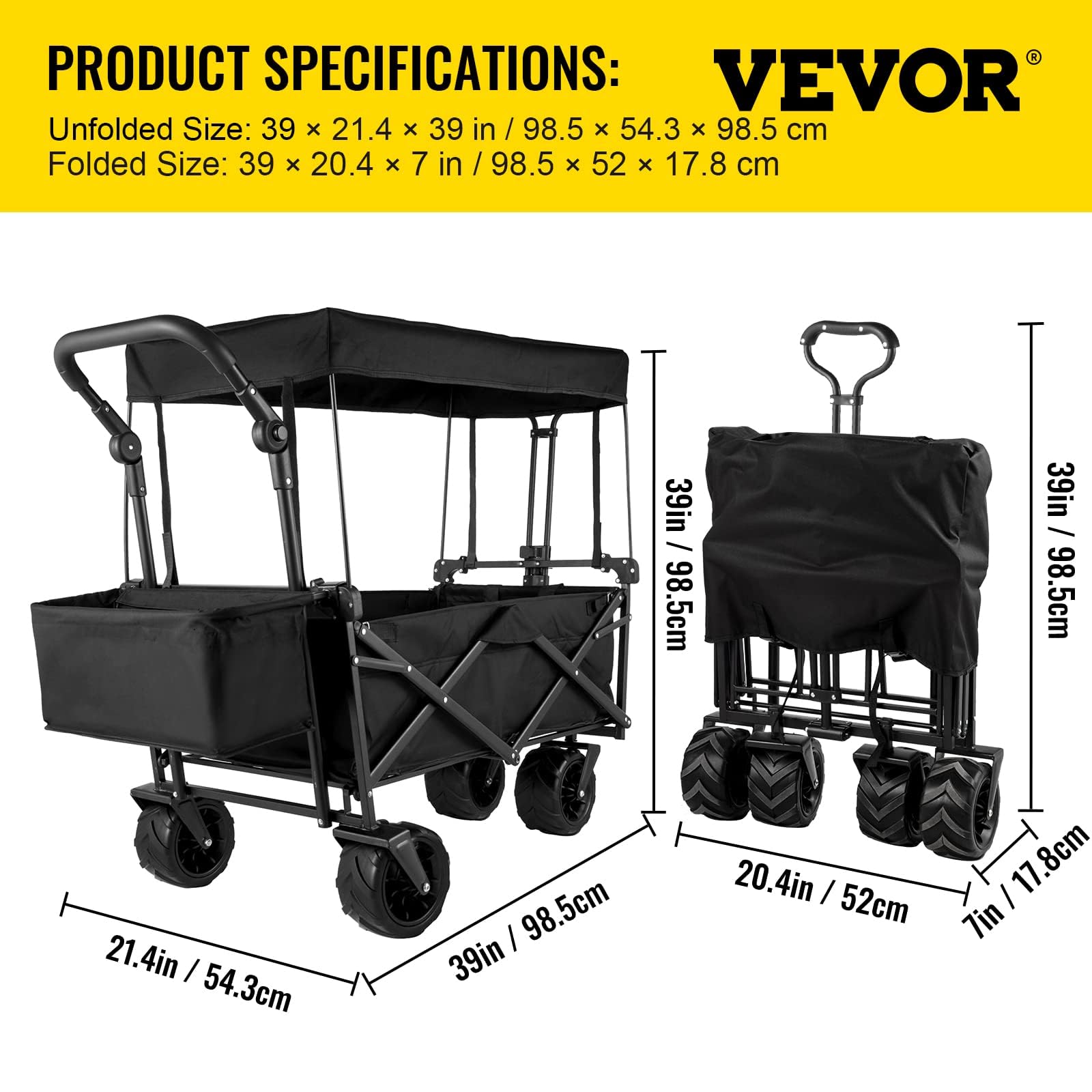 VEVOR Heavy Duty Collapsible Wagon with Removable Canopy - 220lbs Capacity Foldable Utility Cart with Large All-Terrain Wheels & Adjustable Push/Pull Handles - Perfect for Beach Trips, Camping, Grocery Shopping & Outdoor Adventures