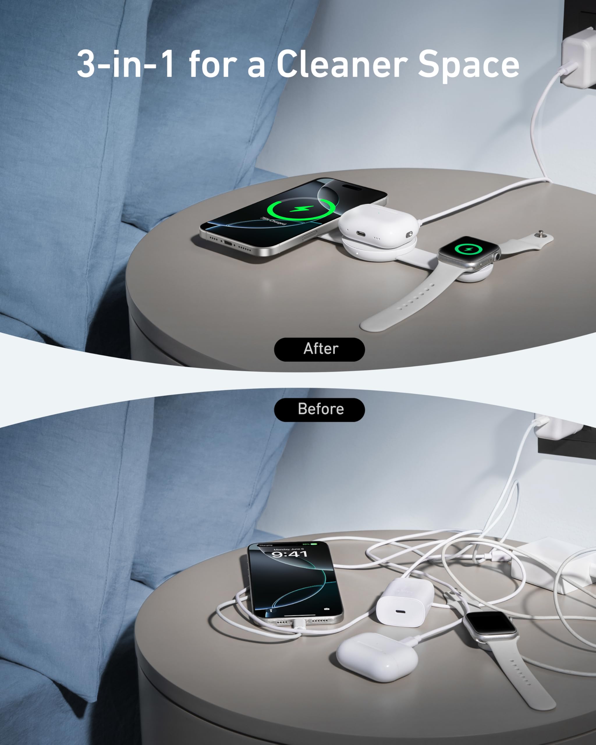 Anker MagGo UFO 3-in-1 Wireless Charging Station - Qi2 Certified 15W Fast Charger for iPhone 16/15/14/13/12, AirPods & Apple Watch | Foldable Travel Charger Pad | MagSafe Compatible (Not a Power Bank) | Perfect for Home, Office & Travel Use