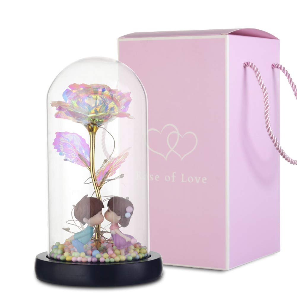 24K Gold Rose Galaxy Flower in Glass Dome with LED Light - Romantic Gift for Wedding, Valentine's Day, Mother's Day, Christmas - Perfect for Anniversary Surprises, Home Decor & Luxury Gift Giving
