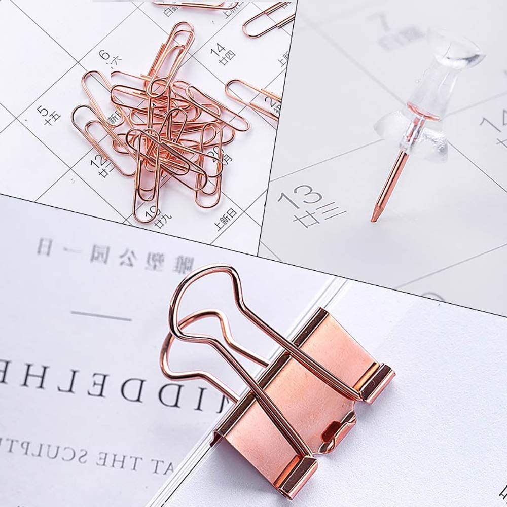 Premium Rose Gold Paper Clips & Binder Clips Set - Assorted Sizes Metal Office Supplies with Push Pins for Desk Organization | Perfect for Home Office, School Projects & Document Filing