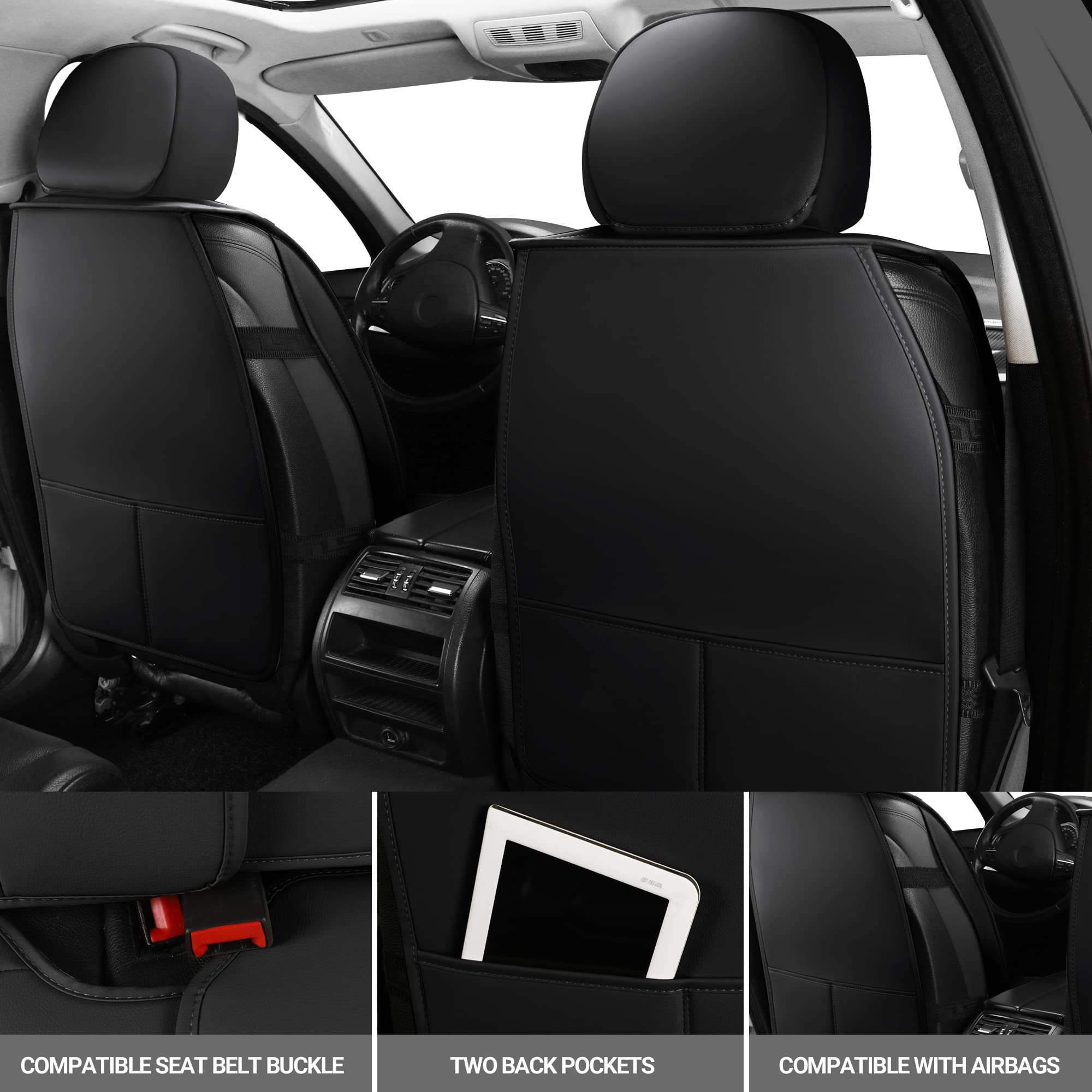 Premium AOOG Leather Car Seat Covers 5-Piece Full Set - Breathable Leatherette Universal Fit for Most Sedans, SUVs & Trucks | Waterproof, Non-Slip & Airbag Compatible Interior Protection | Perfect for Daily Commute, Road Trips & Family Travel (Black)