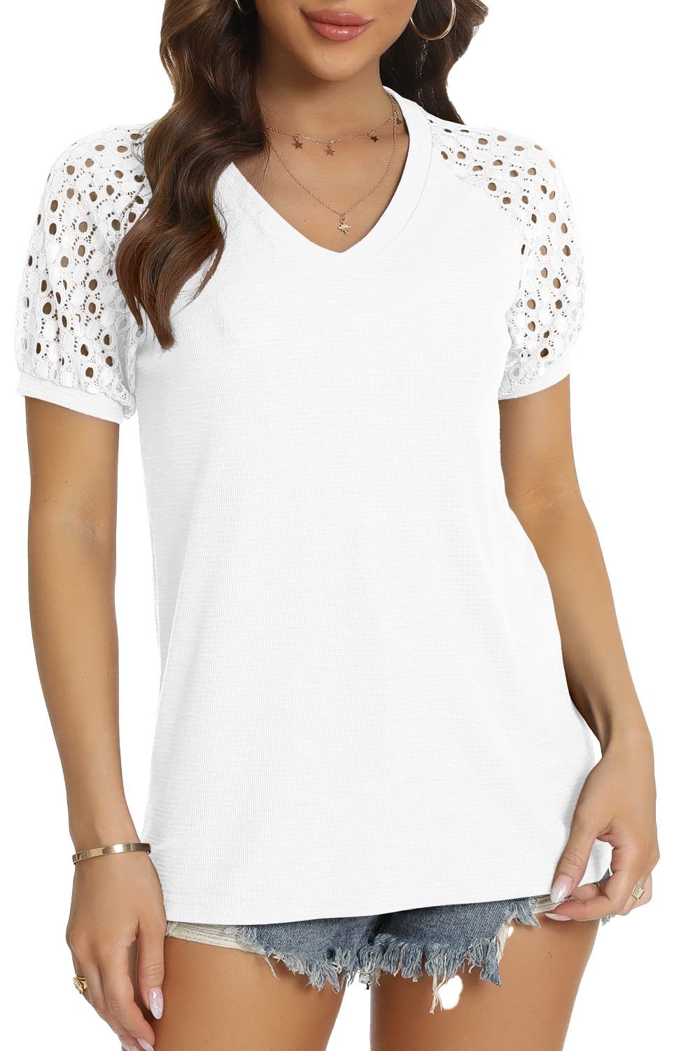 Women's Lace Blouse - Long & Short Sleeve Casual Tops, Loose Fit T-Shirt Style Shirts for Everyday Wear, Office & Date Night Outfits