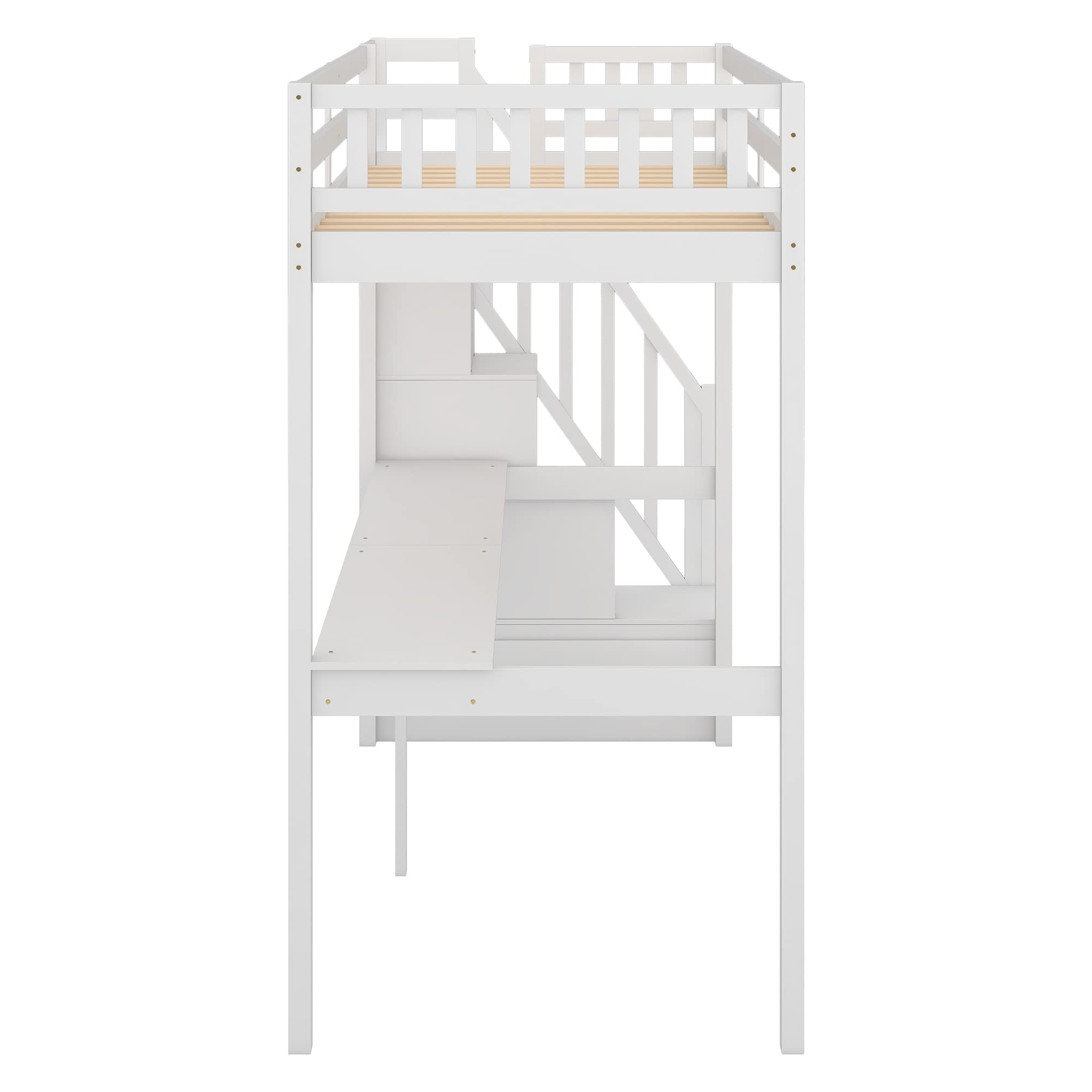 **MERITLINE Twin Loft Bed with Desk & Stairs - Wooden Loft Bed with Storage for Kids, Girls & Boys - Space-Saving Bedroom & Dorm Furniture (White, Twin Size) - Perfect for Small Rooms, Apartments & Shared Spaces**