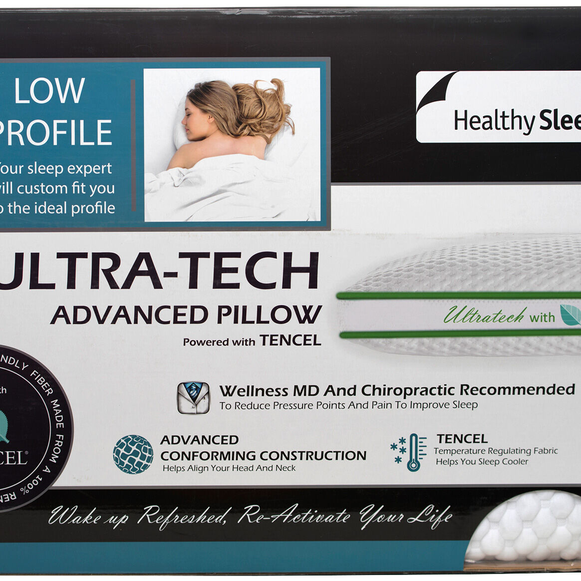 Ultra-Tech Low Profile Pillow for Healthy Sleep - Orthopedic Support for Neck & Back Pain Relief - Perfect for Side, Back & Stomach Sleepers