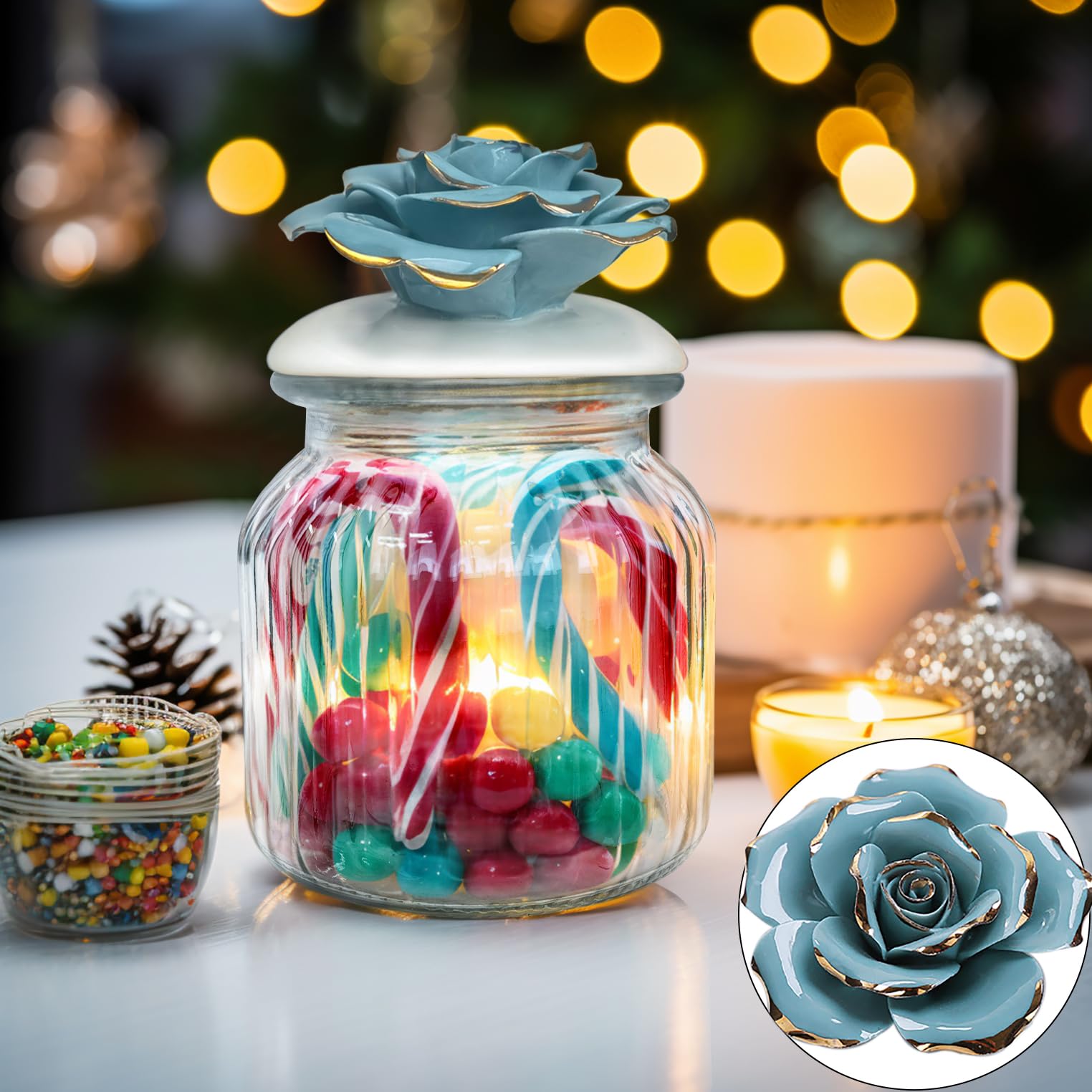 Handmade Glass Jars with Airtight Ceramic Lids - Porcelain Rose Design Food Storage Containers for Kitchen, Coffee, Tea, Sugar & Candy - Blue Rose Decorative Canisters (Set of 2) - Perfect for Pantry Organization & Home Decor