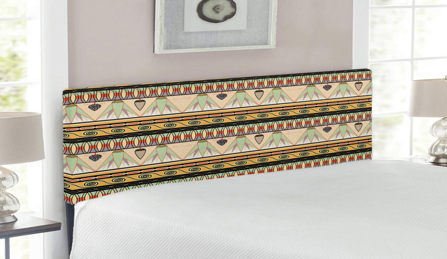 Ambesonne Egyptian Print Queen Size Headboard - Colorful Abstract Borders, Traditional Old Cairo Culture Indigenous Motifs - Upholstered Decorative Metal Bed Headboard with Memory Foam | Perfect for Bohemian & Ethnic Bedroom Decor