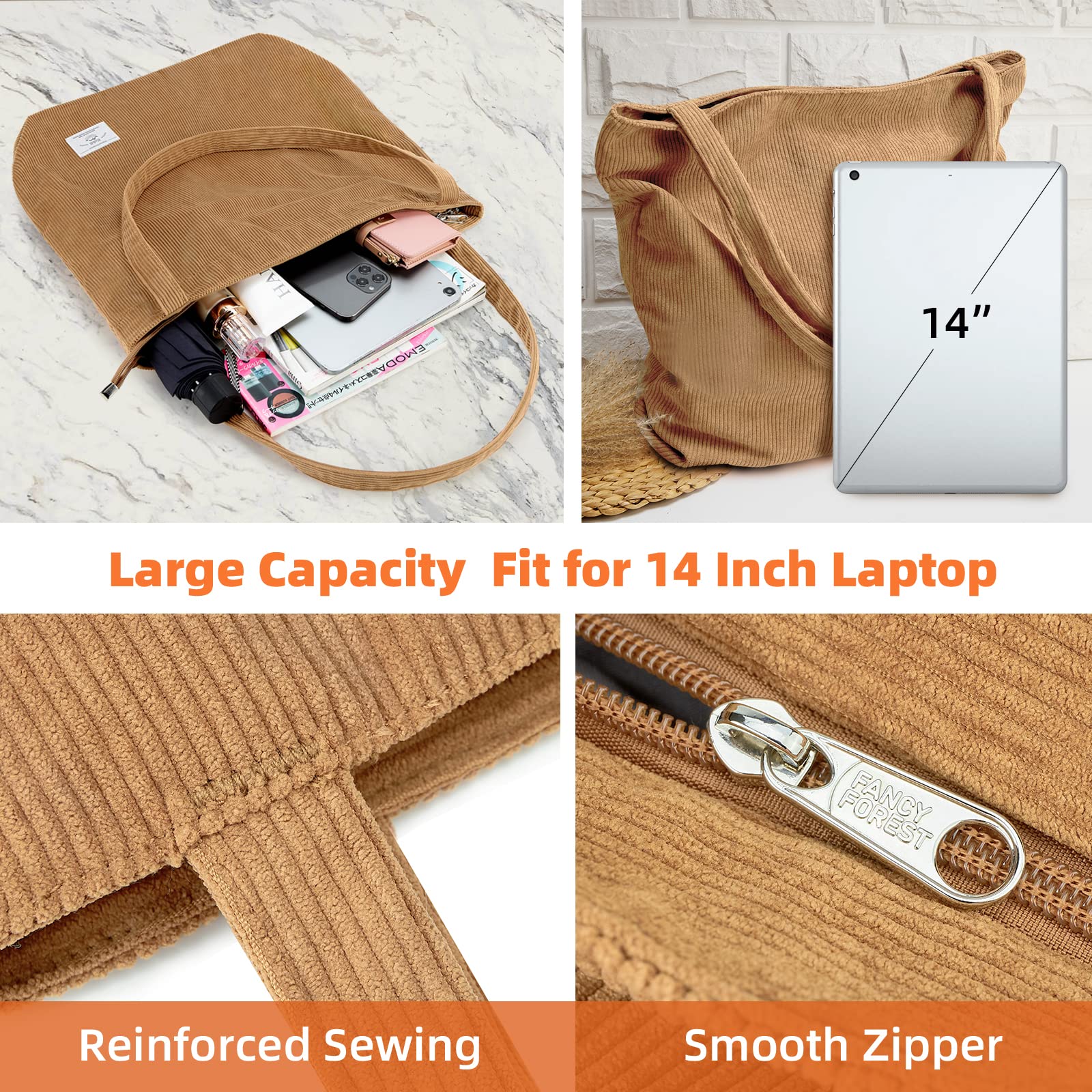 Women's Corduroy Tote Bag with Zipper - Large Capacity Casual Shoulder Bag for Work & Travel