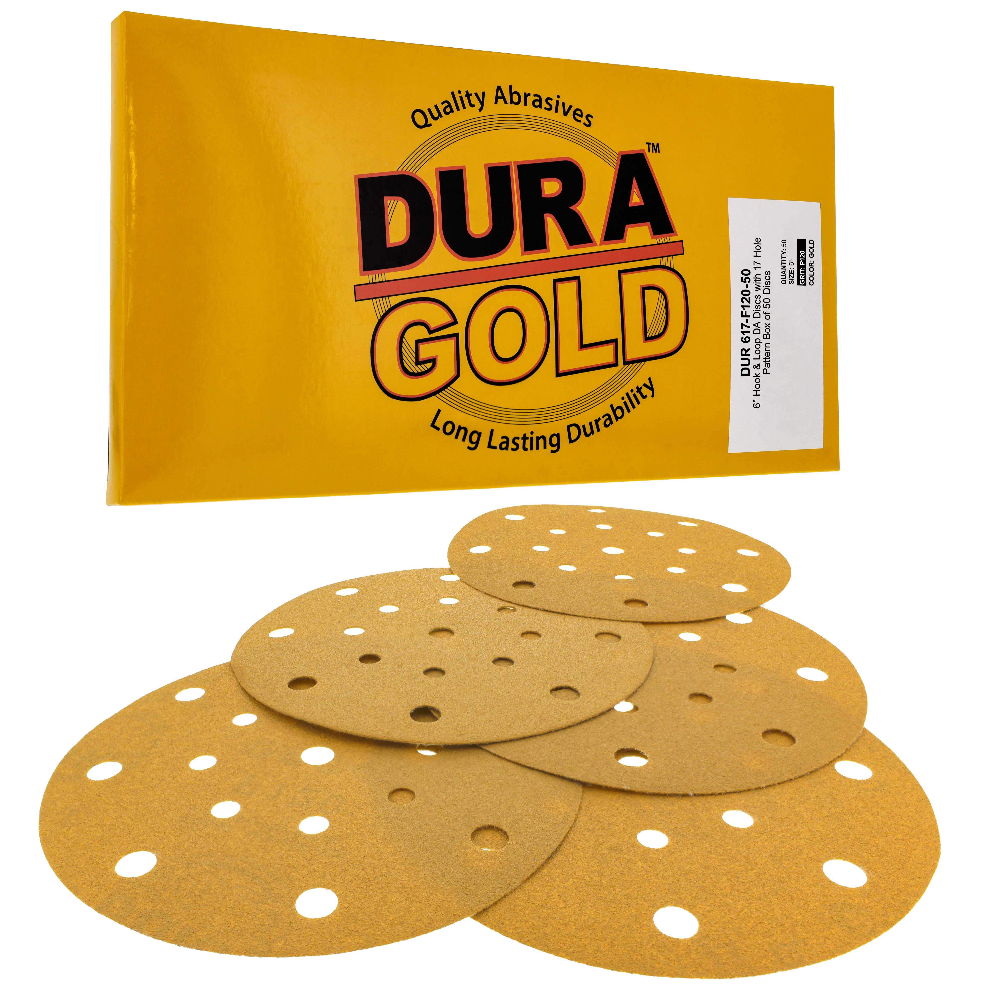 6 Gold Sanding Discs 120 Grit with 17 Hole Pattern - Hook & Loop for DA Sander - 50 Pack - Perfect for Automotive Polishing & Wood Sanding Projects