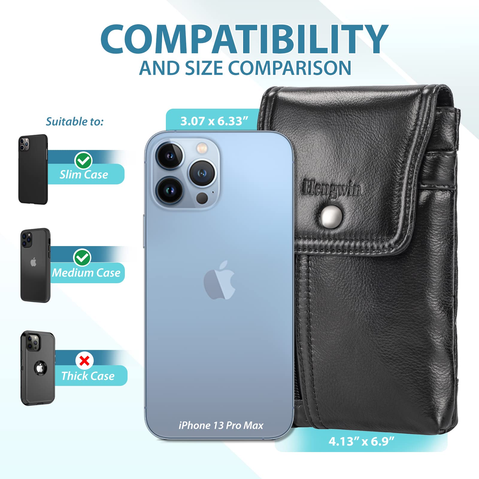Genuine Leather Belt Phone Holster for iPhone 16 Pro Max/15 Pro Max/14 Pro Max & Samsung Galaxy S25+/S24 Ultra/A15 - Black Leather Belt Clip Pouch Case - Perfect for Work, Outdoor Activities & Everyday Carry