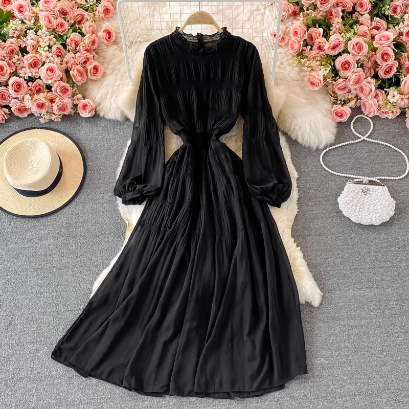 Elegant Stand Collar Chiffon Dress for Women - Long Sleeve Maxi Dress with Flowy Skirt | Perfect for Fall Weddings, Parties & Office Wear (Style 1381)