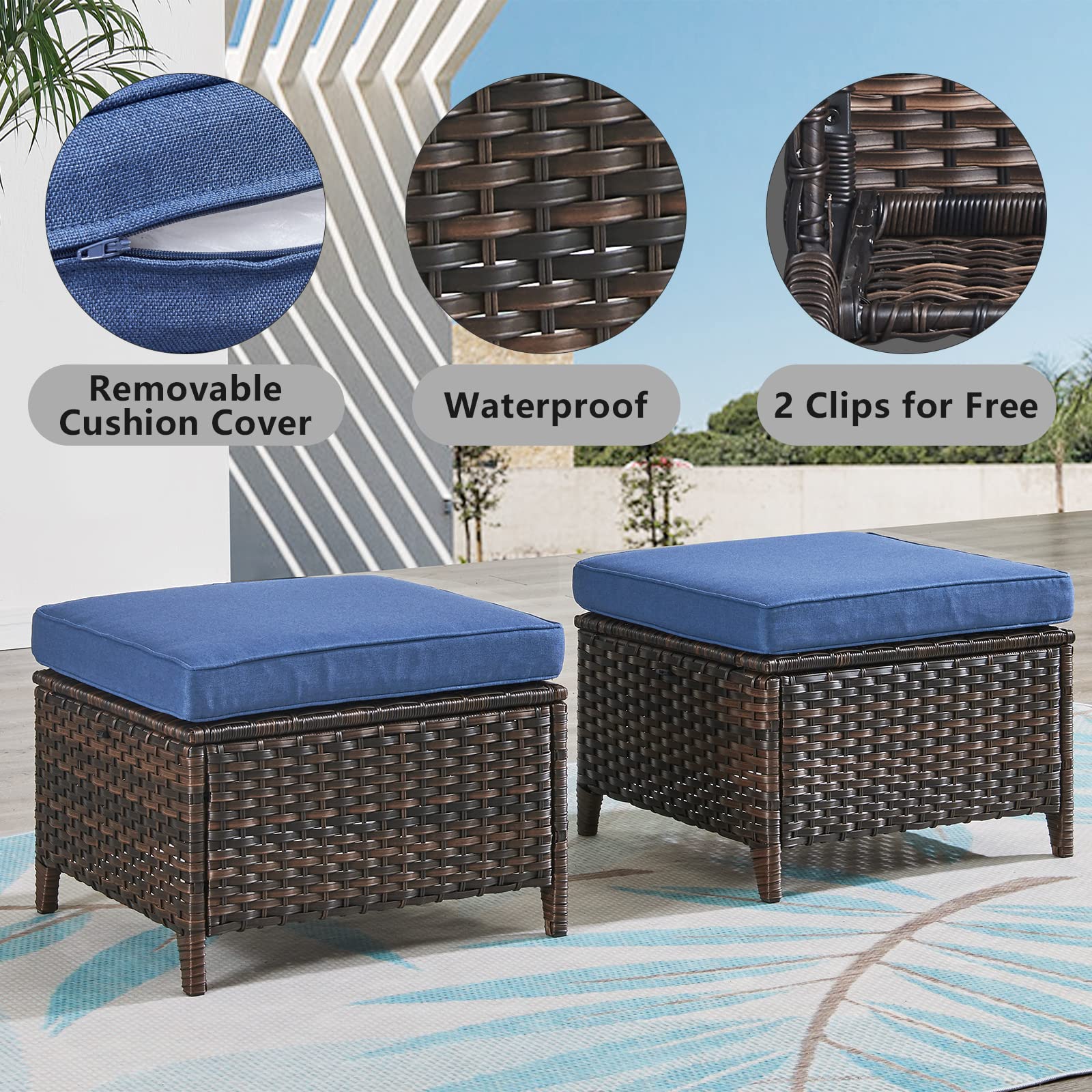 All-Weather Outdoor Furniture Ottoman Set of 2 - Patio Seating Footstool with Soft Cushions, Rattan Wicker Ottoman Seat for Garden, Deck, Poolside & Backyard Relaxation