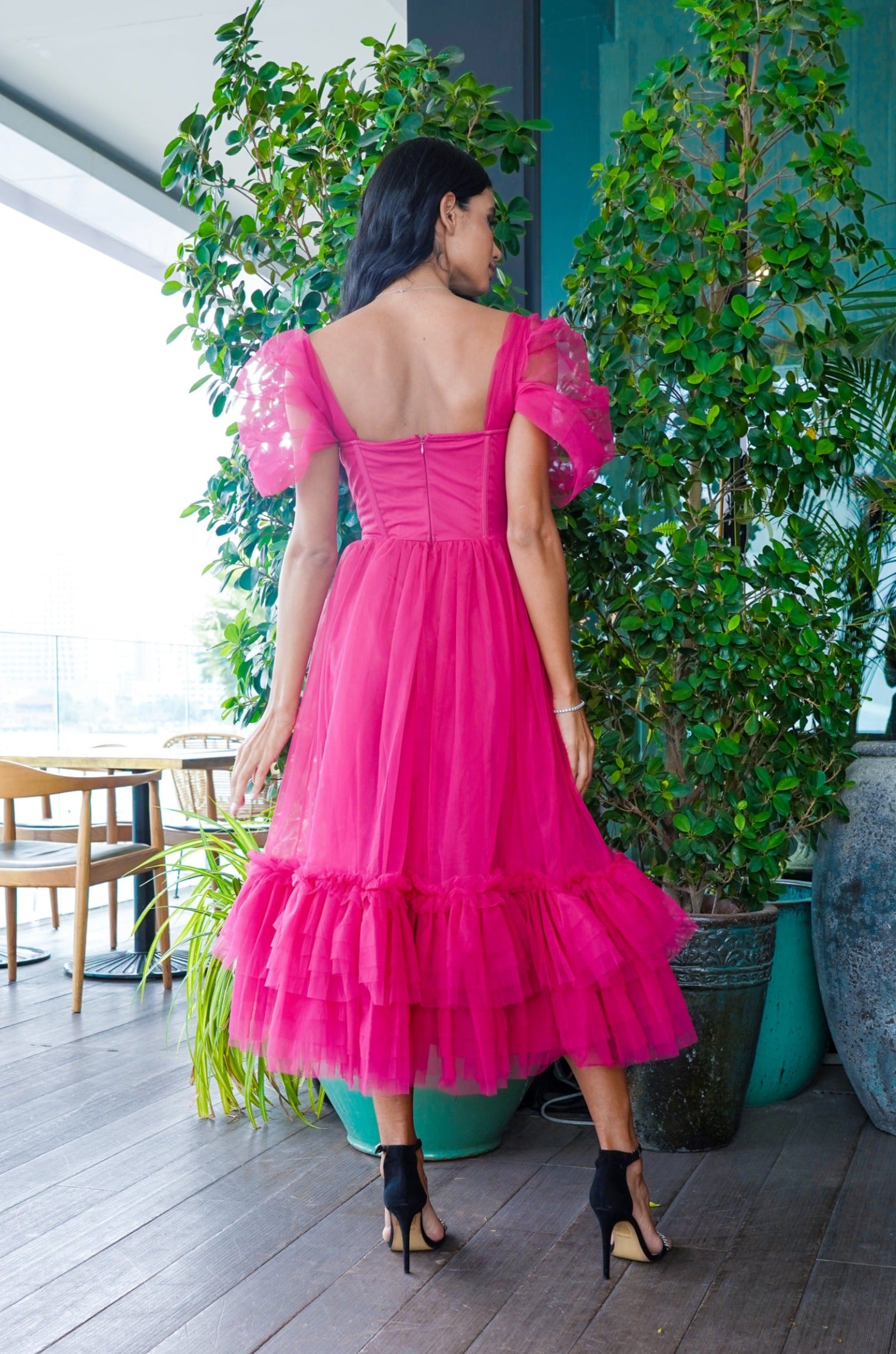 Jayne Bright Pink Midi Dress - Flowy Summer Party Dress for Women, Elegant Cocktail & Wedding Guest Dress, Perfect for Date Night & Special Occasions