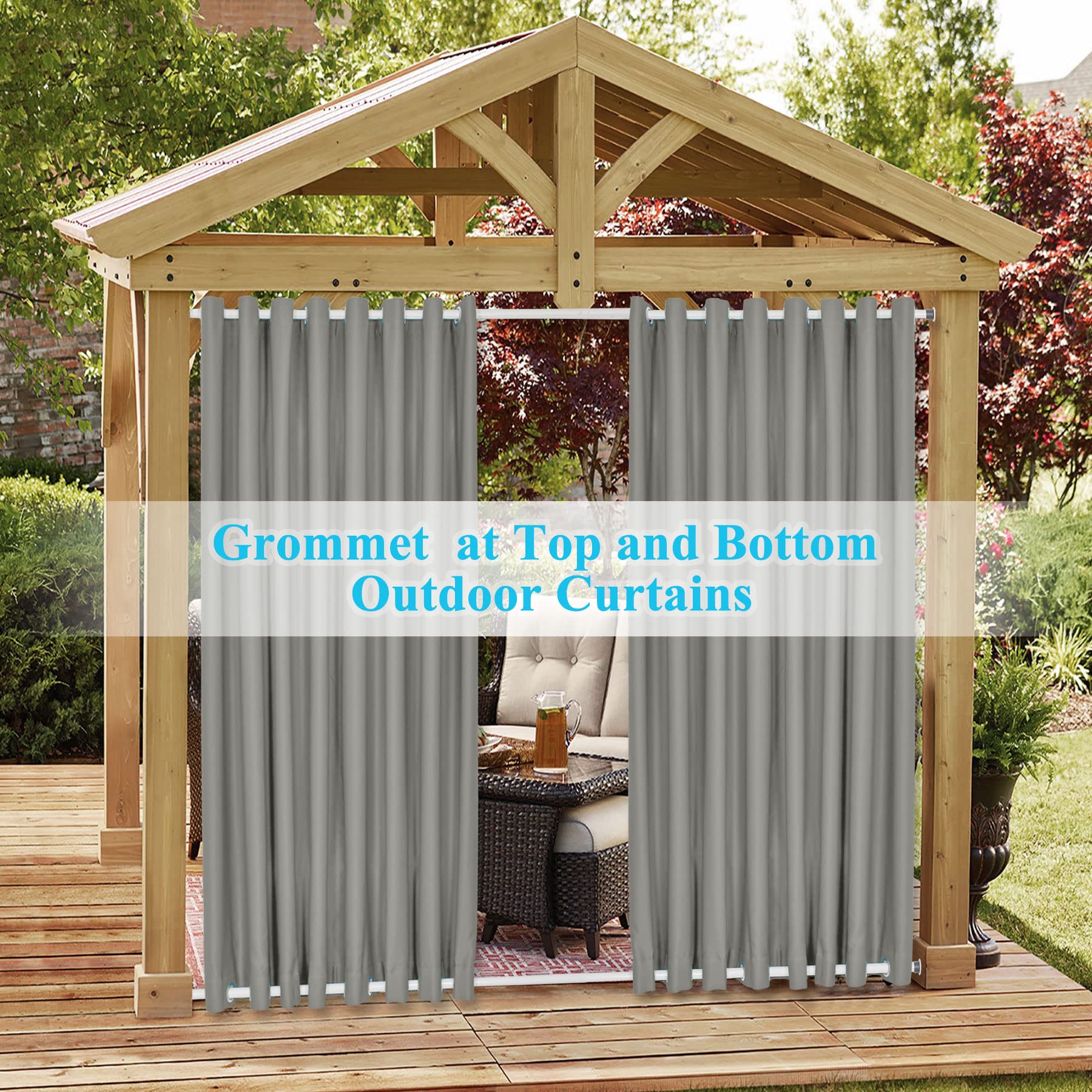 Frement Extra Wide Outdoor Curtains - Windproof & Privacy Protection - Rustproof Grommet Drapes for Gazebo, Pergola, Patio - Indoor/Outdoor Use - Grey (150