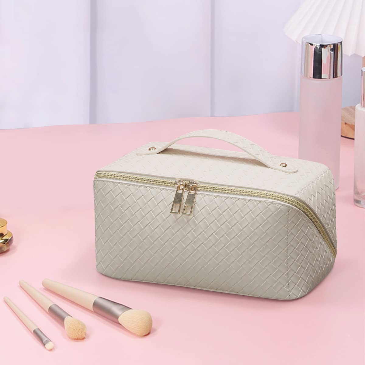 PEARLOVE Large Waterproof Makeup Bag for Travel, Women's PU Leather Cosmetic Organizer - White, Perfect for Skincare & Toiletries Storage