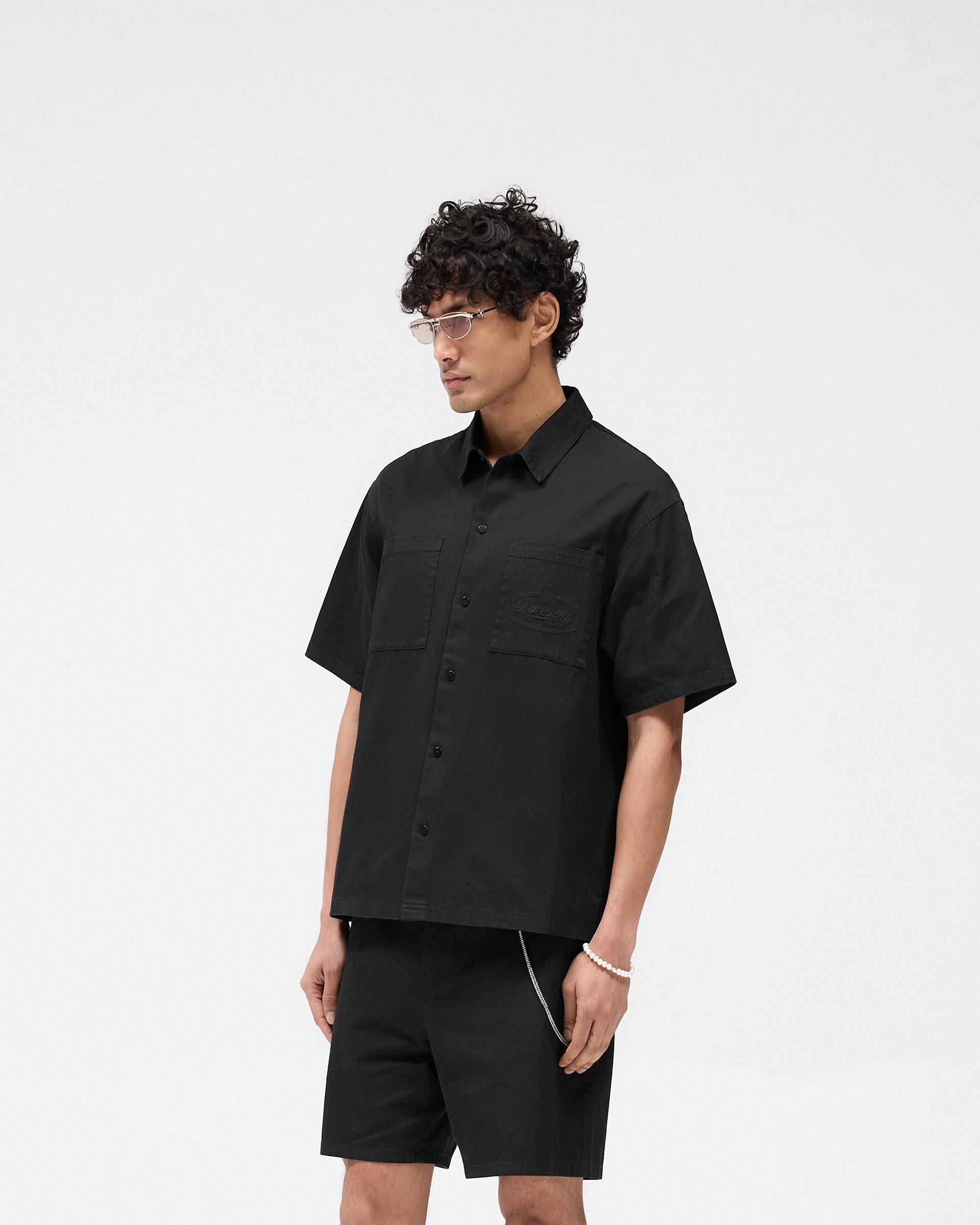 Men's Short Sleeve Cotton Overshirt - Washed Black Casual Shirt for Summer Outdoor Activities & Travel