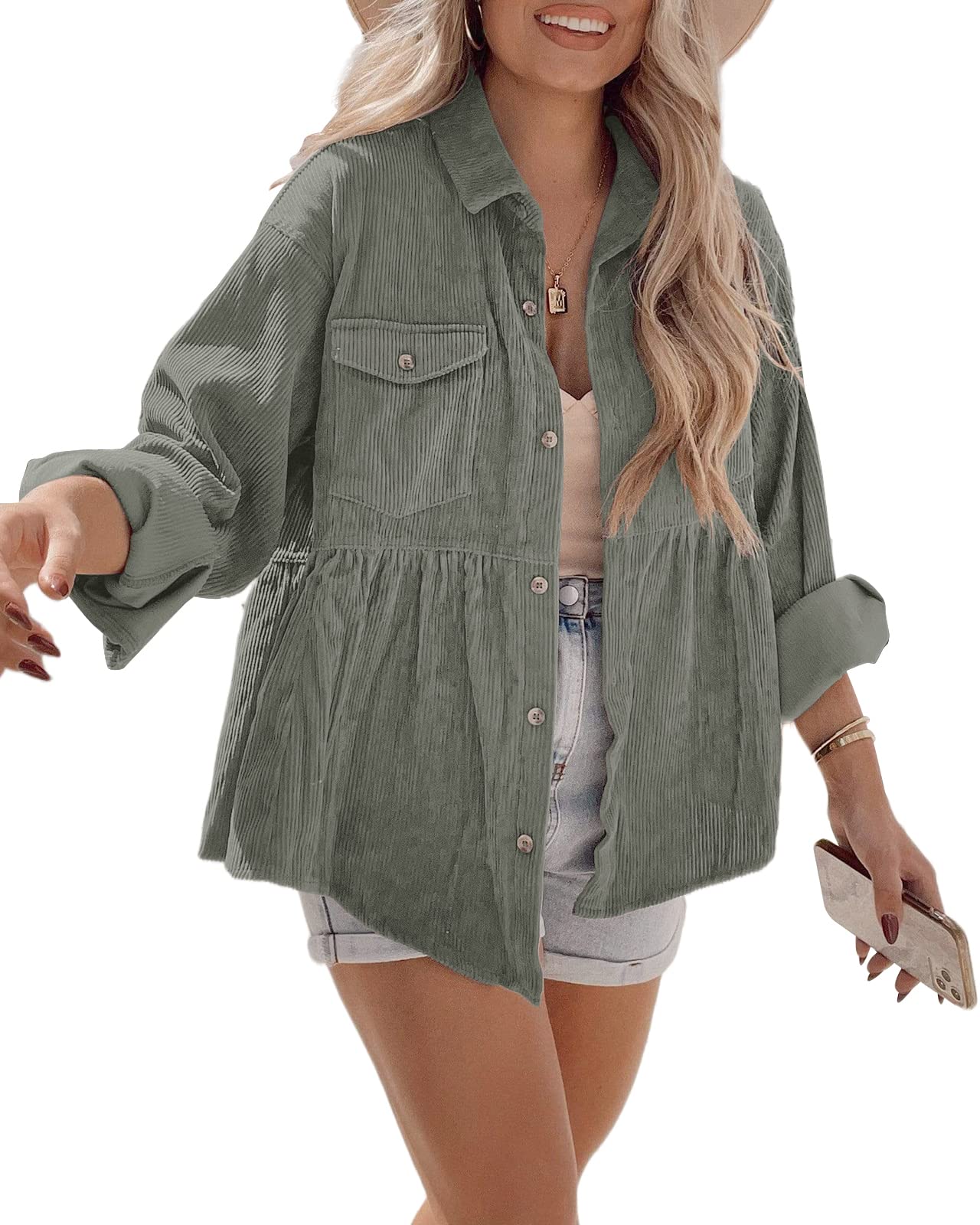 Women's Corduroy Peplum Shacket Jacket - Long Sleeve Button Down Oversized Blouse Top for Casual Wear | Fall & Winter Fashion, Layering Essential, Office & Weekend Outfits