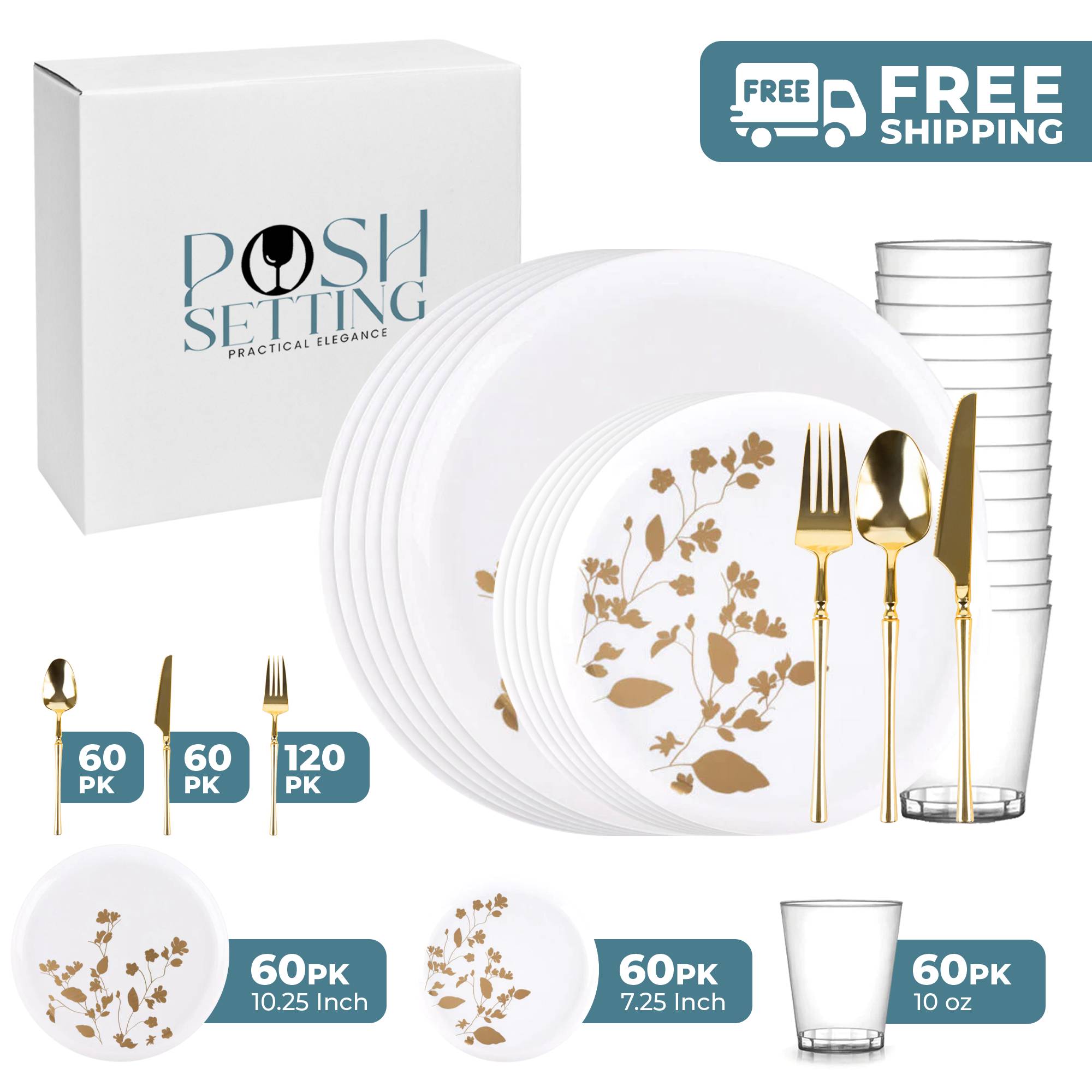 White and Gold Plastic Party Bundle - Elegant Disposable Tableware Set for Garden Parties, BBQs & Outdoor Events