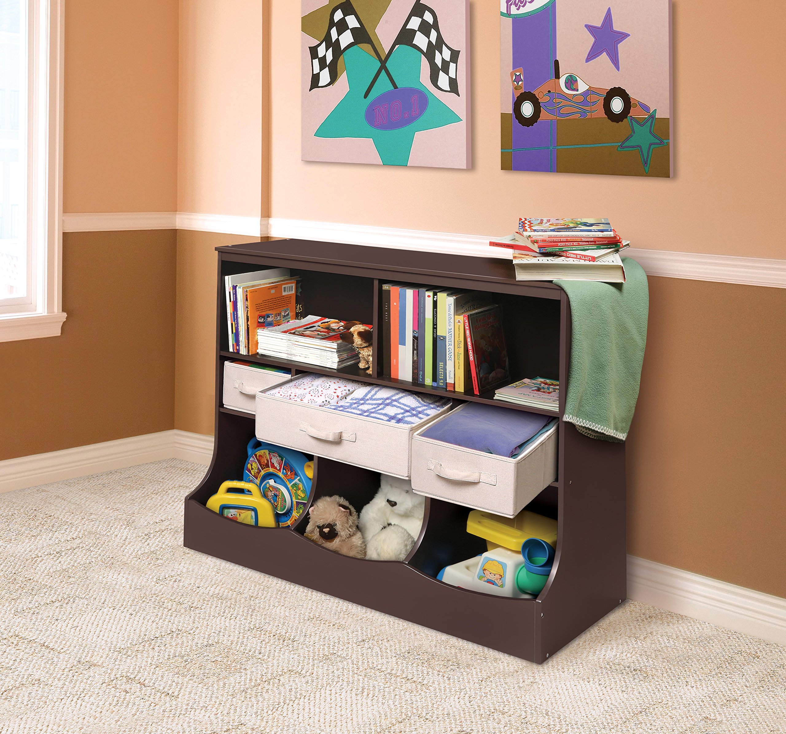 Badger Basket Kids Toy Storage and Bookshelf Organizer with 3 Bins - Espresso Finish for Nursery, Playroom & Bedroom Organization