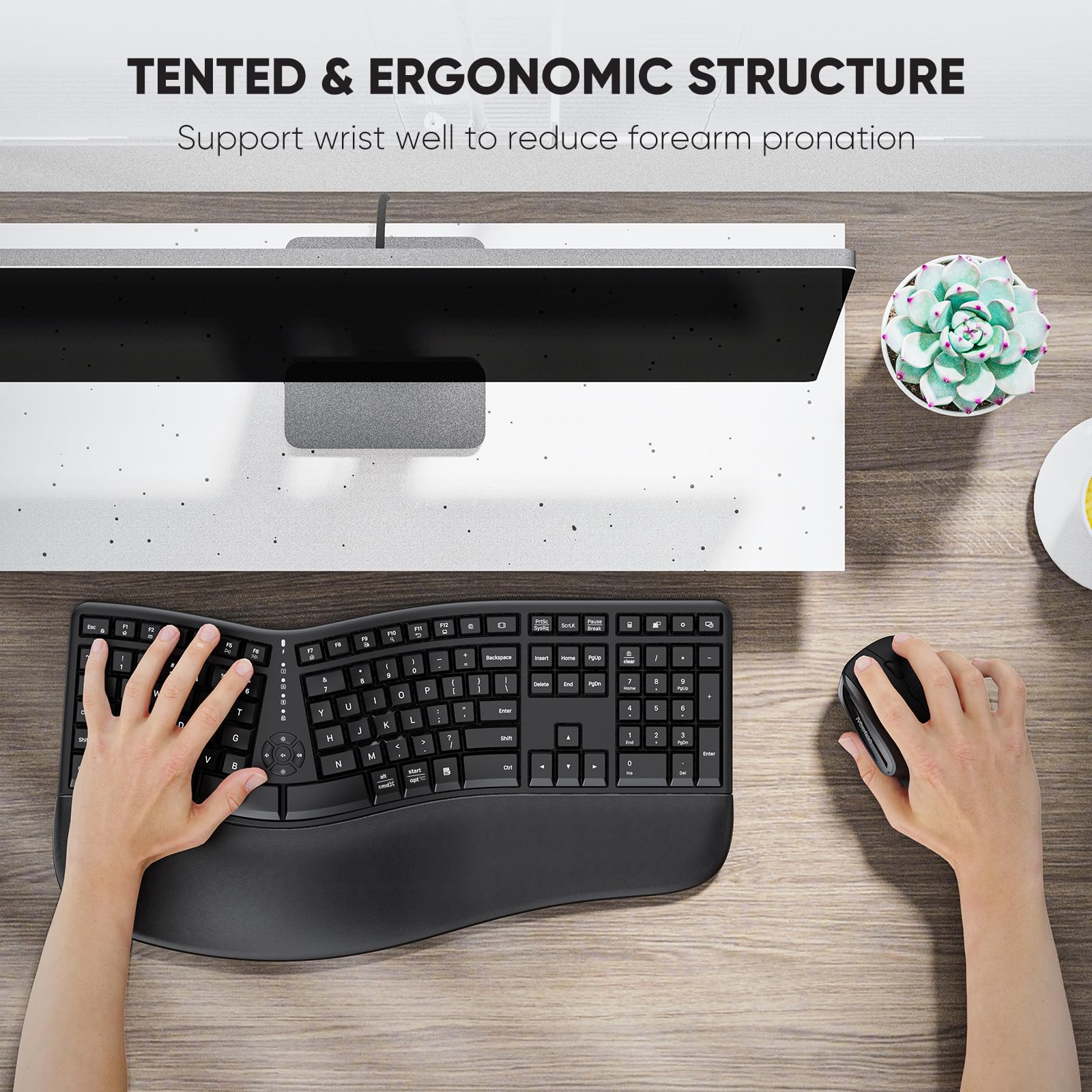 MEETION Ergonomic Wireless Keyboard and Mouse Combo - Split Design with Vertical Mouse, Cushioned Wrist Rest & Palm Support - Rechargeable Full-Size Keyboard for Natural Typing - Compatible with Windows/Mac/PC/Laptop - Perfect for Office Work, Gaming & Long Typing Sessions