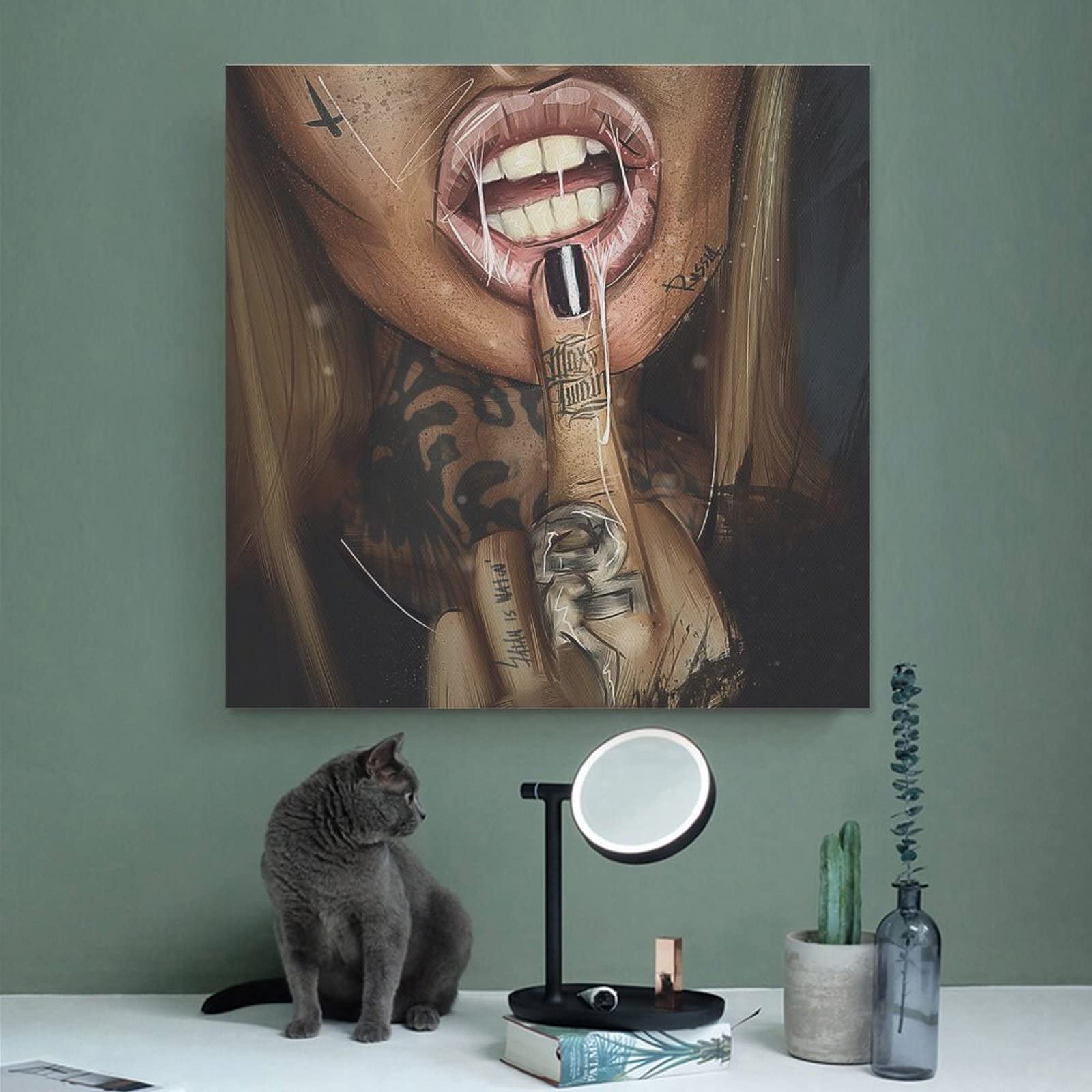 Rucatto Sexy Lips Girl Tattoo Art - Cool Canvas Wall Decor Poster (16x16 inch/40x40cm) - Perfect for Living Room & Bedroom Aesthetic Painting