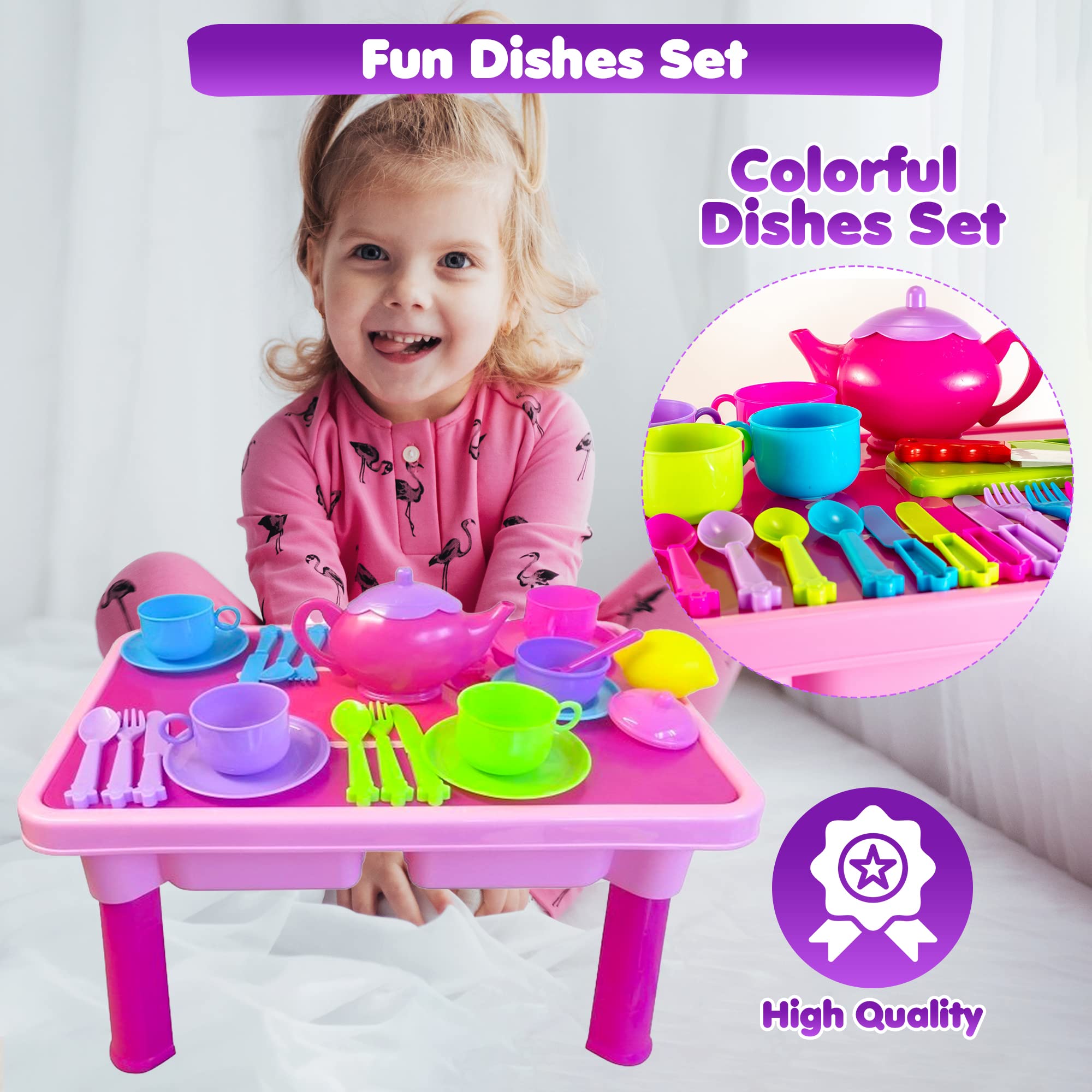 50-PCS Foldable Kids Play Kitchen Set with Toy Dishes, Tea Set & Utensils - Pretend Play Food, Cutting Fruits & Toy Knife for Toddler Girls | Perfect Gift for Birthday & Role-Playing Games at Home or Preschool