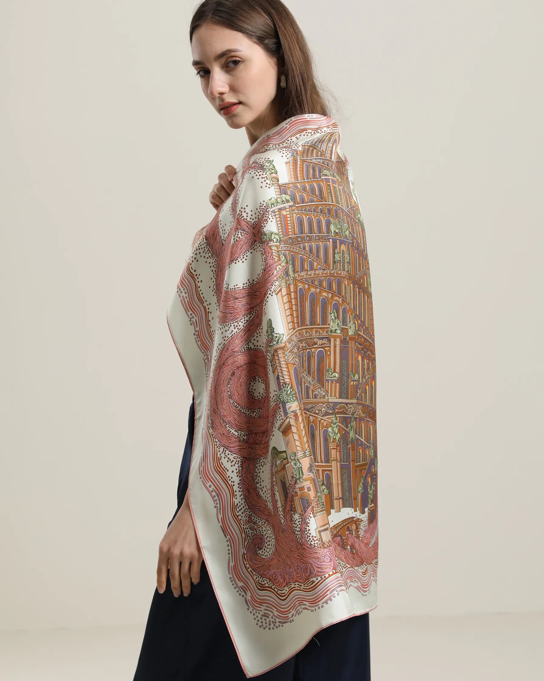 Vintage Castle Pattern Silk Scarf - Elegant Women's Fashion Accessory for Travel, Parties, and Special Occasions