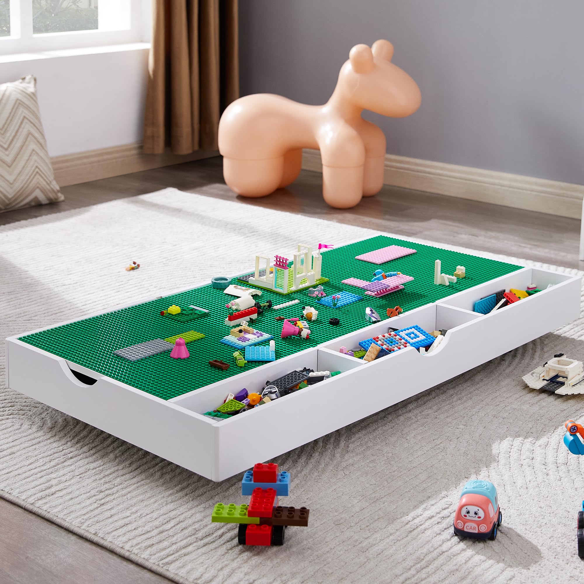 2 in 1 Construction Play Table - Lego Compatible Building Blocks & Train Game Table with Locking Wheels, Storage Space - Kids Activity Center for Bedroom, Playroom or Living Room (White)