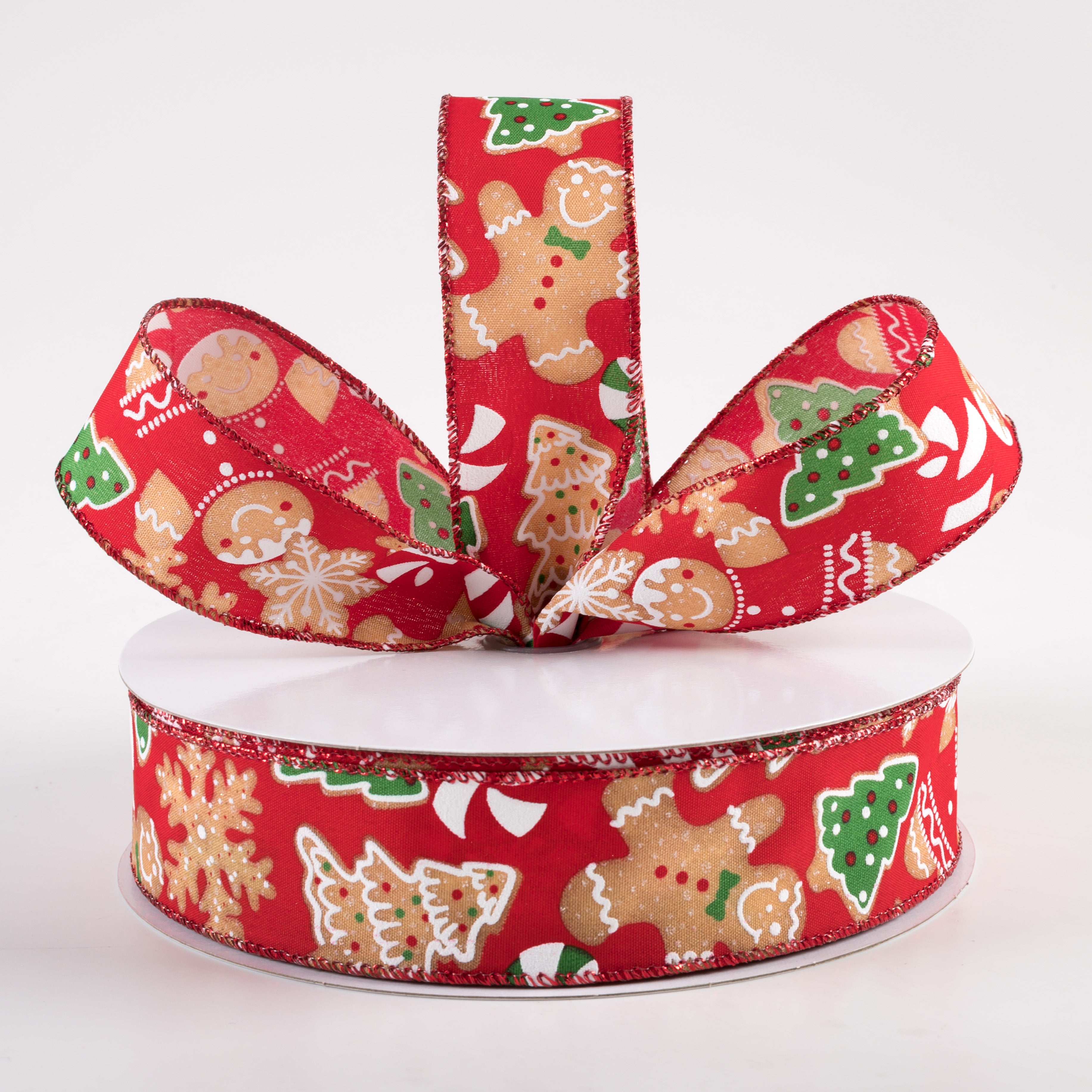 1.5 Inch Gingerbread Cookies Candy Cane Ribbon - Red Christmas Decorative Ribbon (50 Yards) for Gift Wrapping, Tree Decorations and Holiday Crafts