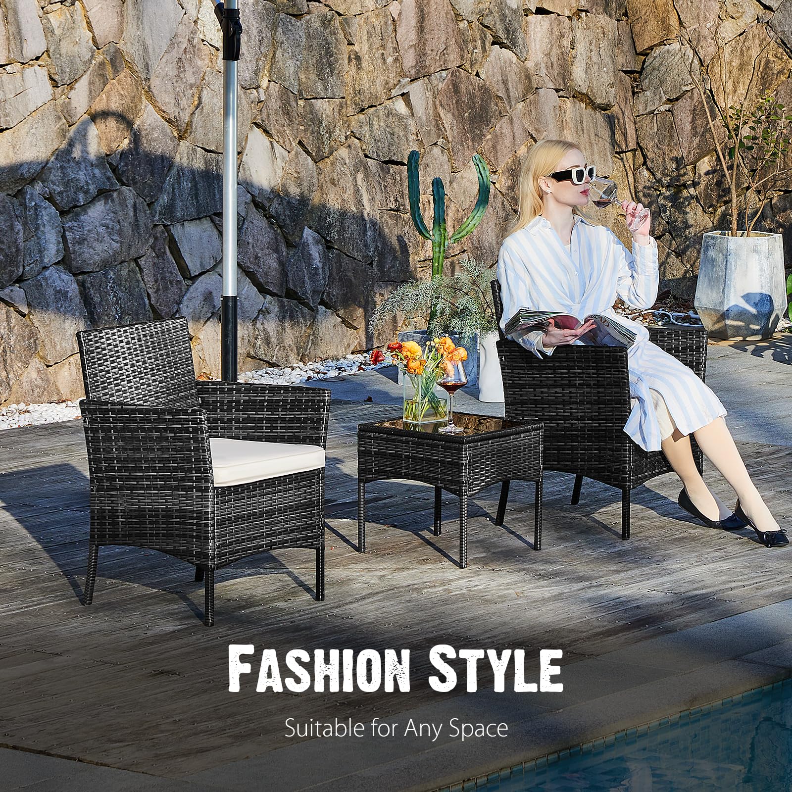 Sweetcripy 3-Piece Patio Furniture Set - Outdoor Wicker Rattan Sofa with Soft Cushions & Glass Table, All-Weather Manual Weaving Design for Garden, Terrace, Porch (Black/Beige) - Perfect for Backyard Relaxation, Poolside Lounging & Outdoor Entertaining