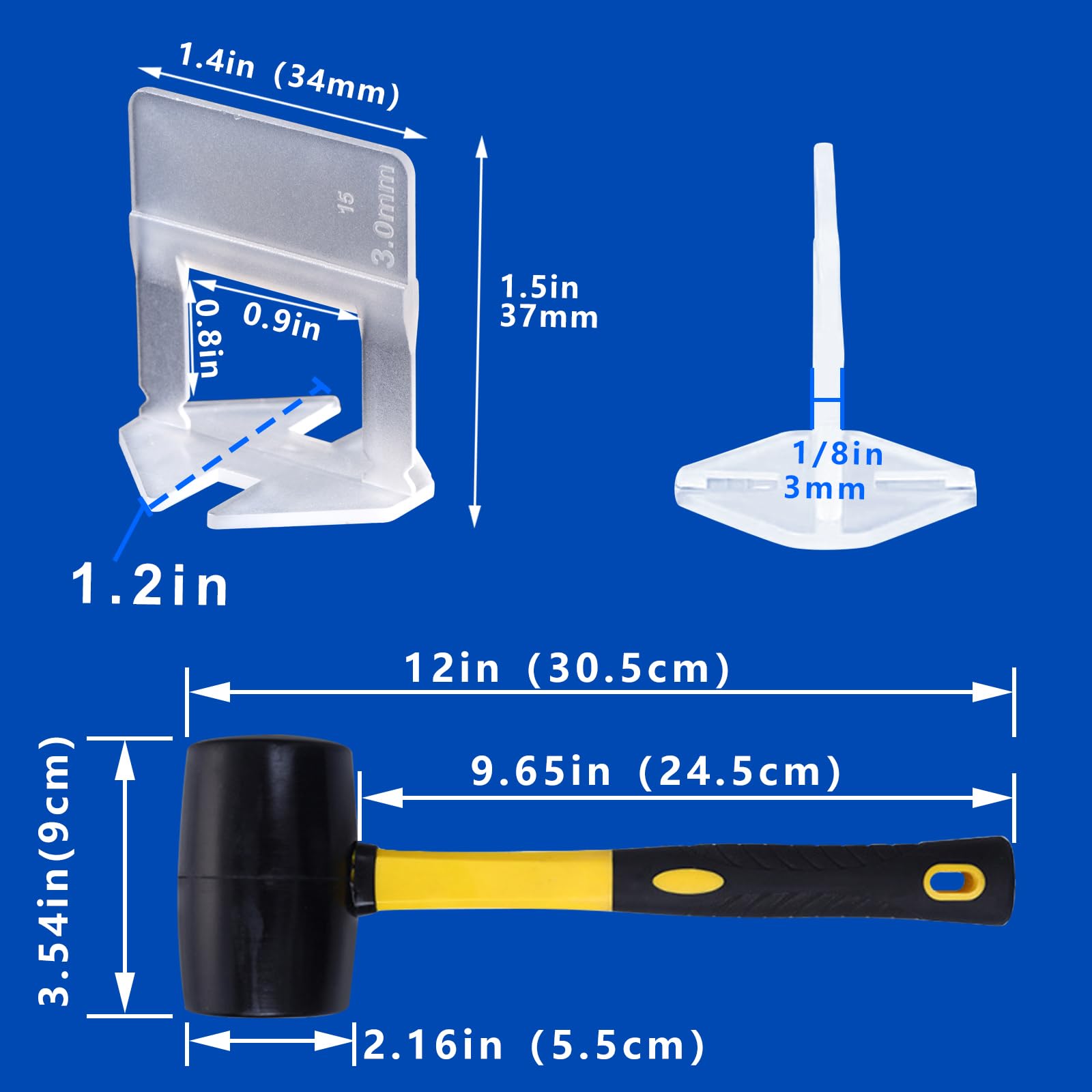 Professional Tile Leveling System Kit - 1/8 inch Tile Spacers & 16 oz Rubber Mallet (4500 Pieces) for Ceramic, Stone, and Porcelain Tile Installation - Perfect for Bathroom, Kitchen, and Flooring Projects