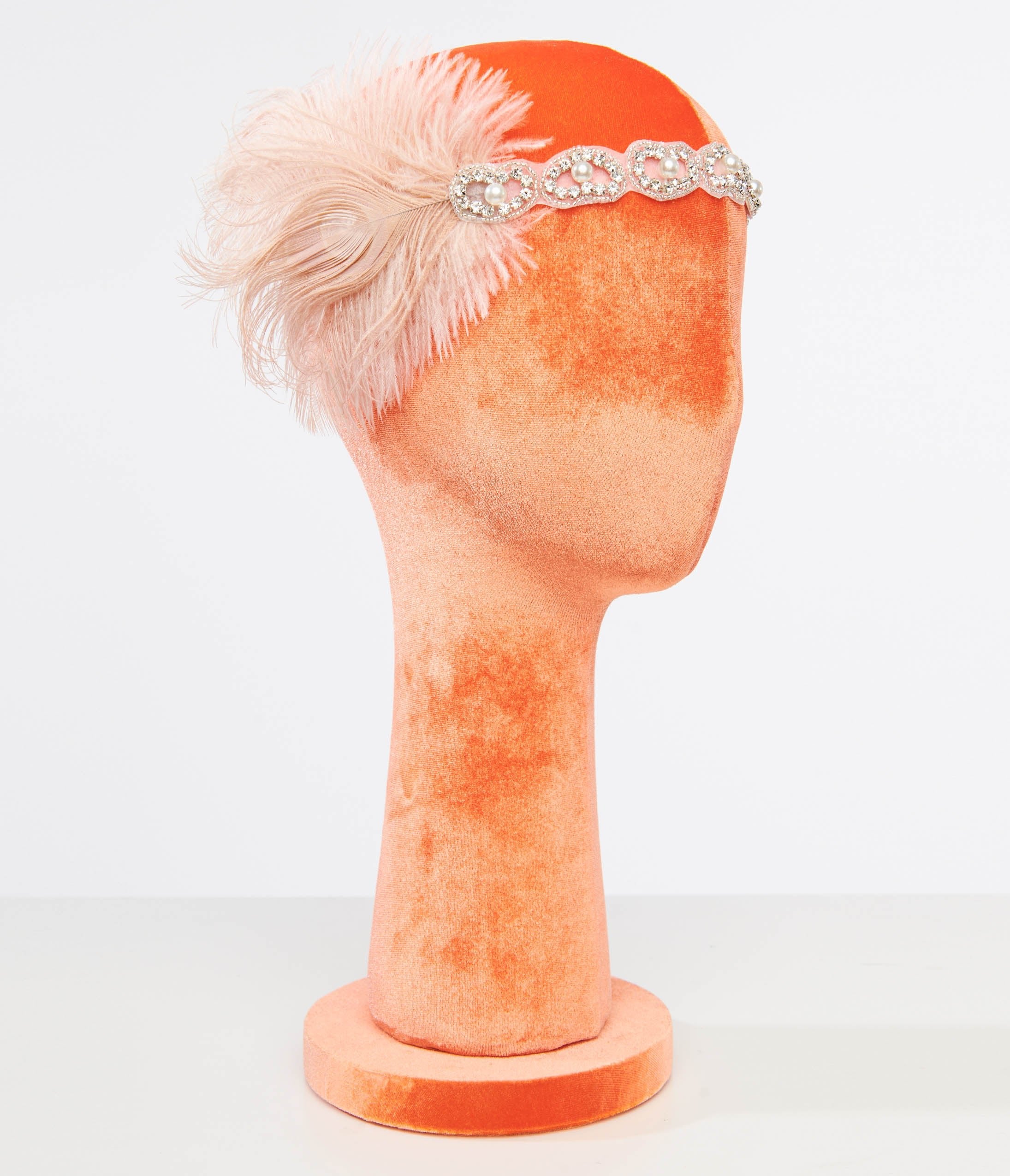 Vintage 1920s Peach Feather & Silver Rhinestone Headband for Women - Roaring 20s Gatsby Party, Wedding, Flapper Costume Accessory