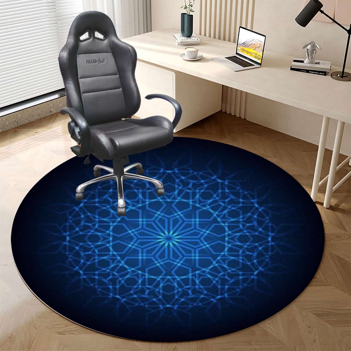 Premium Black & Blue PU Leather Chair Mat for Hardwood Floors - Non-Slip Floor Protector with Bohemian Interlace Circles Design (47.2