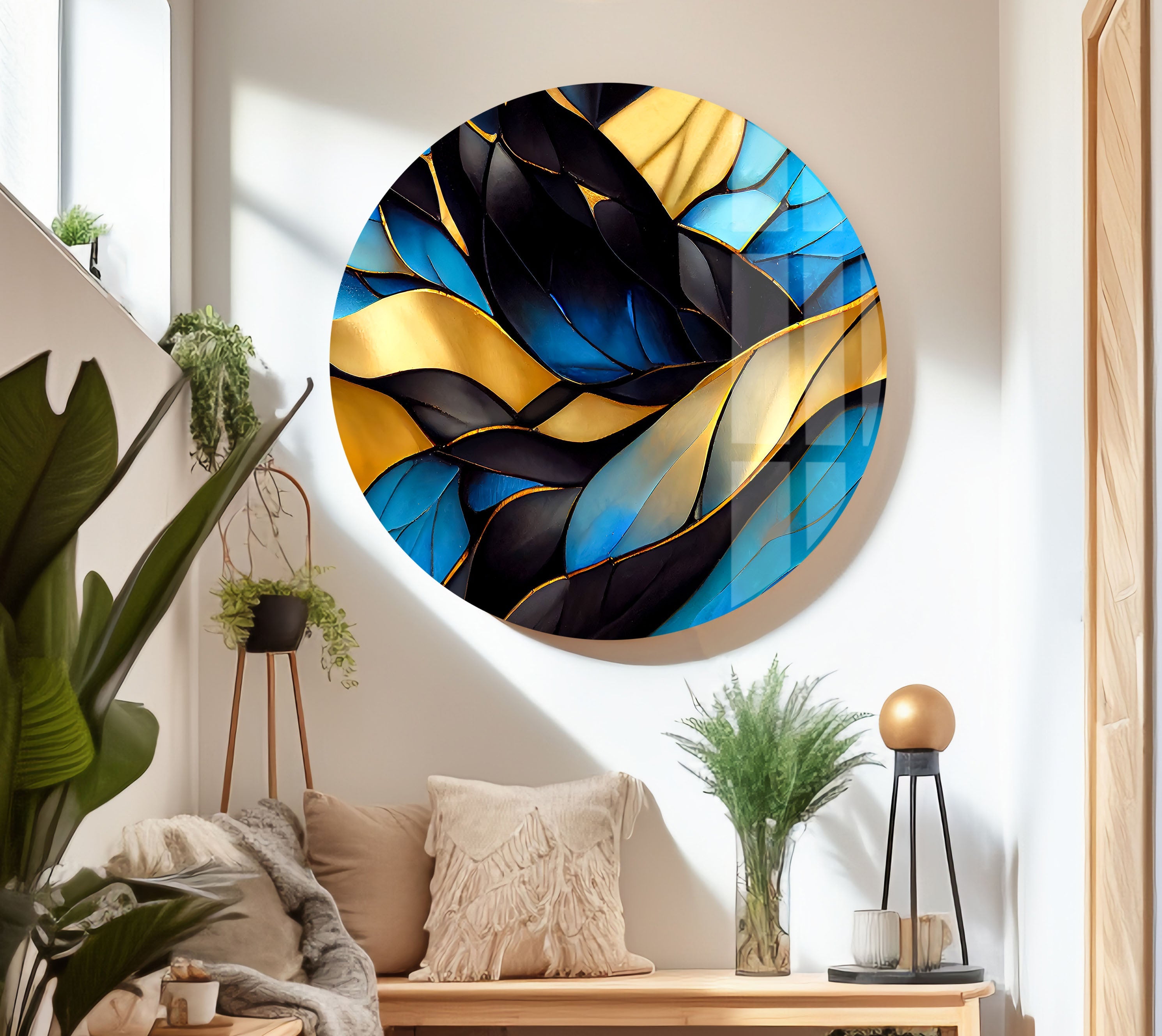Blue Stained Waves Glass Wall Art - Handmade Ocean Themed Decorative Panel for Living Room, Bedroom & Office - Perfect Coastal Home Decor Gift