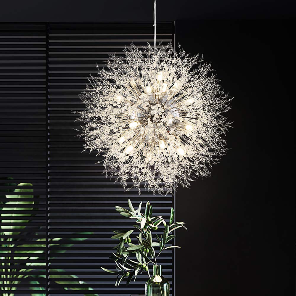 Modern Crystal Chandelier - Chrome Firework Dandelion Sputnik Pendant Light Fixture, 16-Light Dining Room Chandelier for Bedroom, Kitchen & Living Room Lighting | Elegant Home Decor for Parties & Romantic Dinners