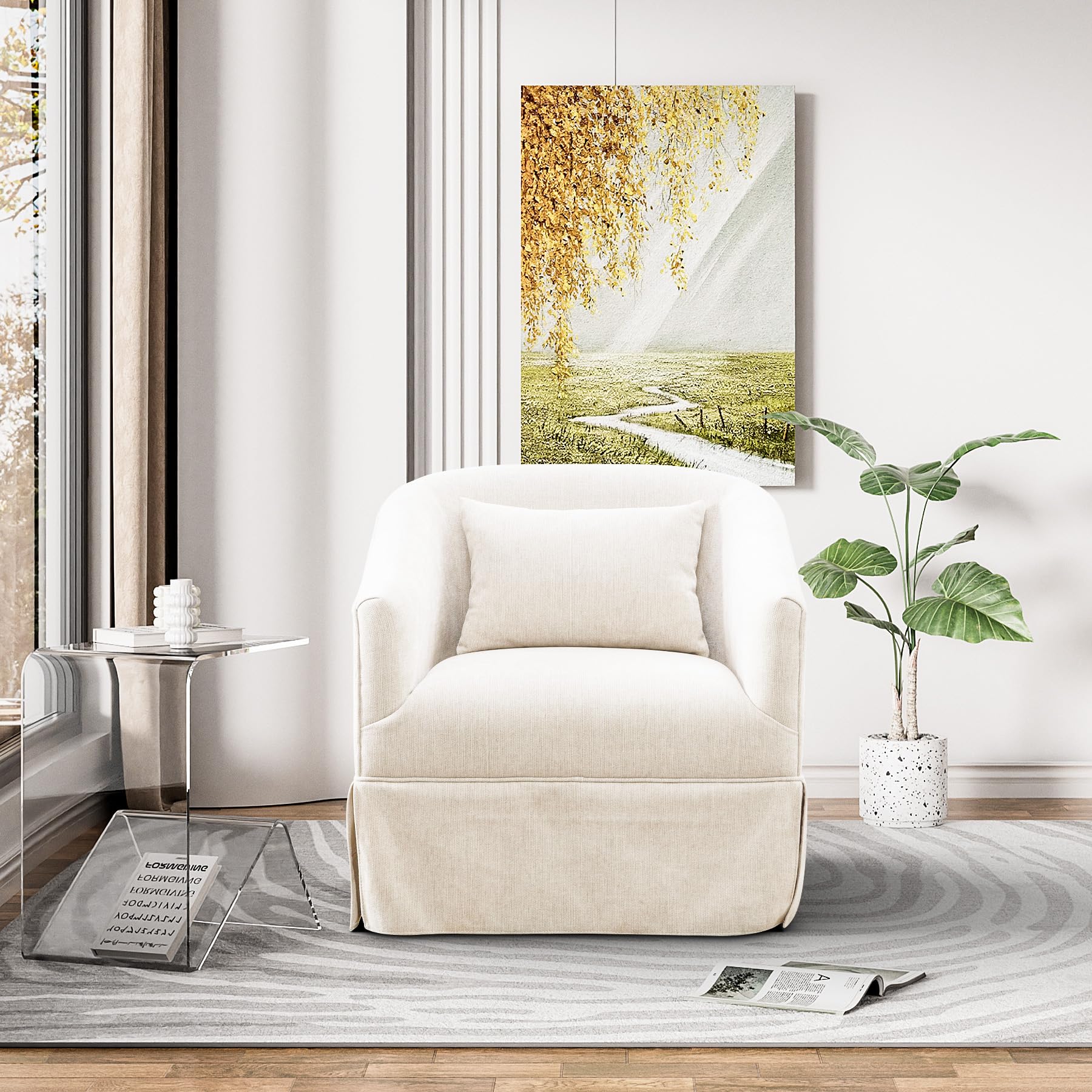 360° Swivel Accent Chair - Modern Chenille Upholstered Barrel Chair with Padded Cushion & Skirt, Cream White Small Reading Armchair for Living Room, Nursery, Bedroom & Lounge - Perfect for Relaxing, Reading or Adding Stylish Seating to Any Space