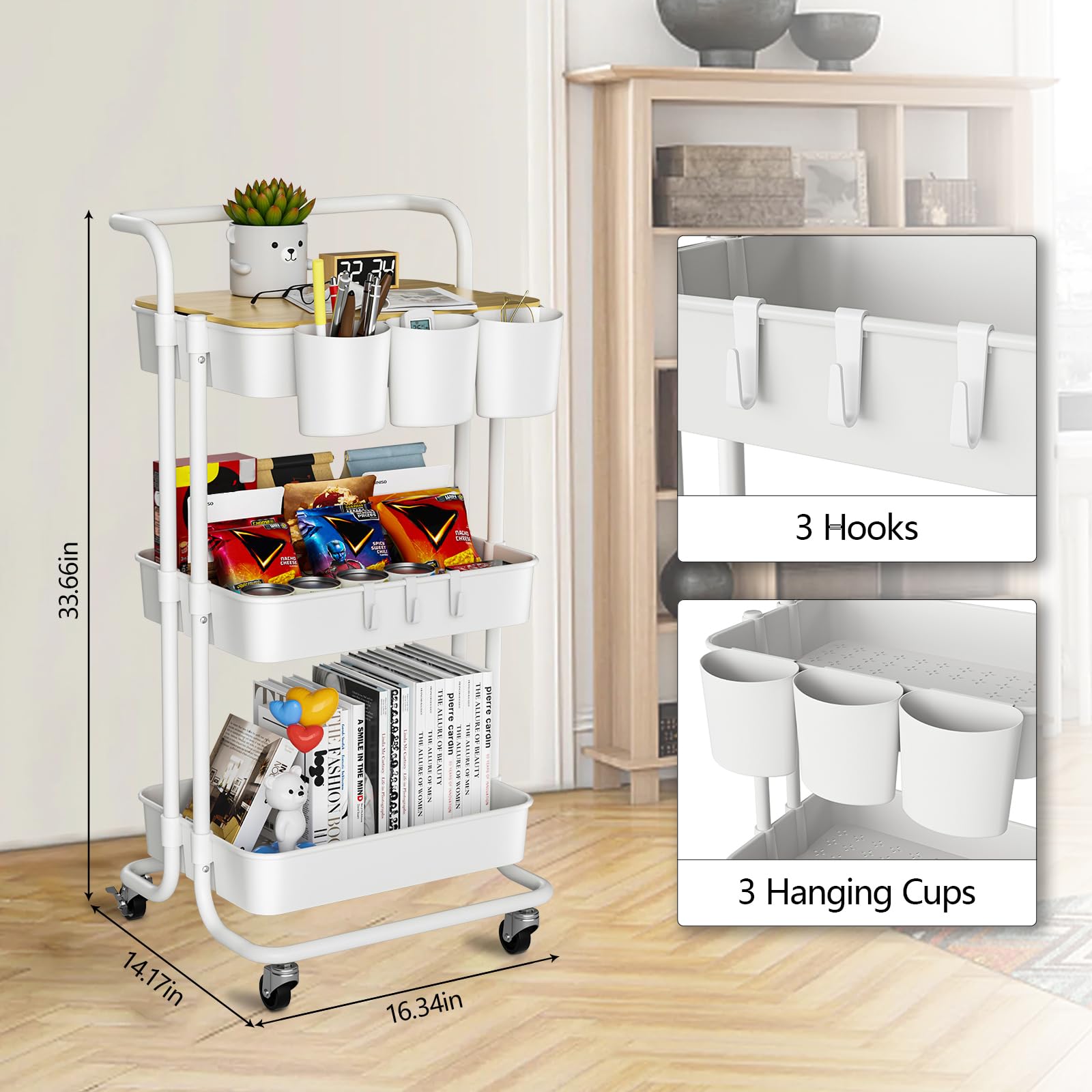 3-Tier Rolling Utility Cart with Lockable Wheels, Metal Handle & Storage Baskets - Perfect for Kitchen, Bathroom, Office & Classroom Organization - White