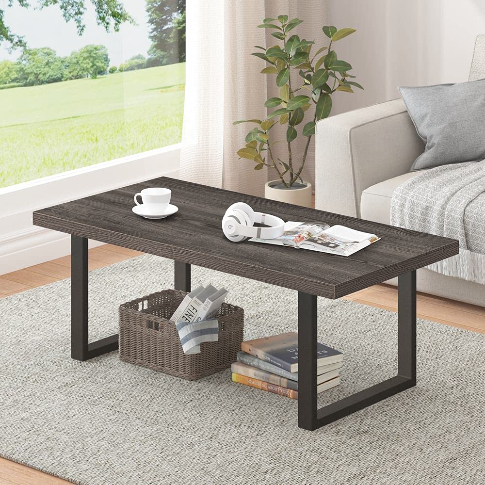 IBF Rustic Coffee Table - Industrial Modern Wood & Metal Center Table, Minimalist Rectangle Farmhouse Cocktail Table for Living Room, Dark Gray Oak, 47 Inch - Perfect for Small Spaces, Apartments & Cozy Home Decor