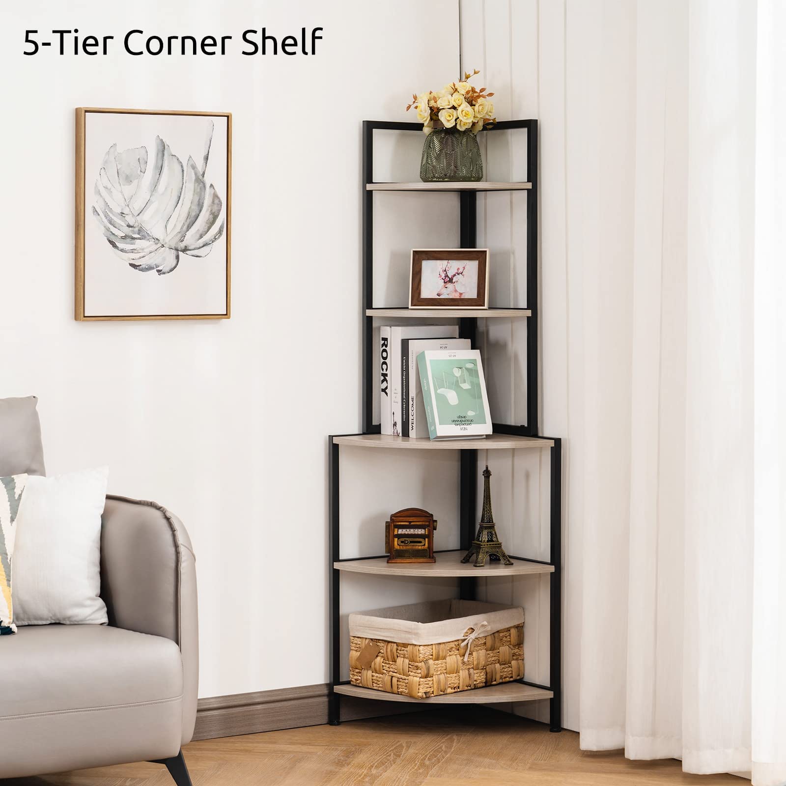 Apicizon 5-Tier Industrial Corner Bookshelf - Metal Frame Rustic Storage Shelf for Home Office, Kitchen & Small Spaces | Display Plants, Flowers & Books | Durable Grey Corner Shelving Unit for Living Room, Bedroom & Workspace