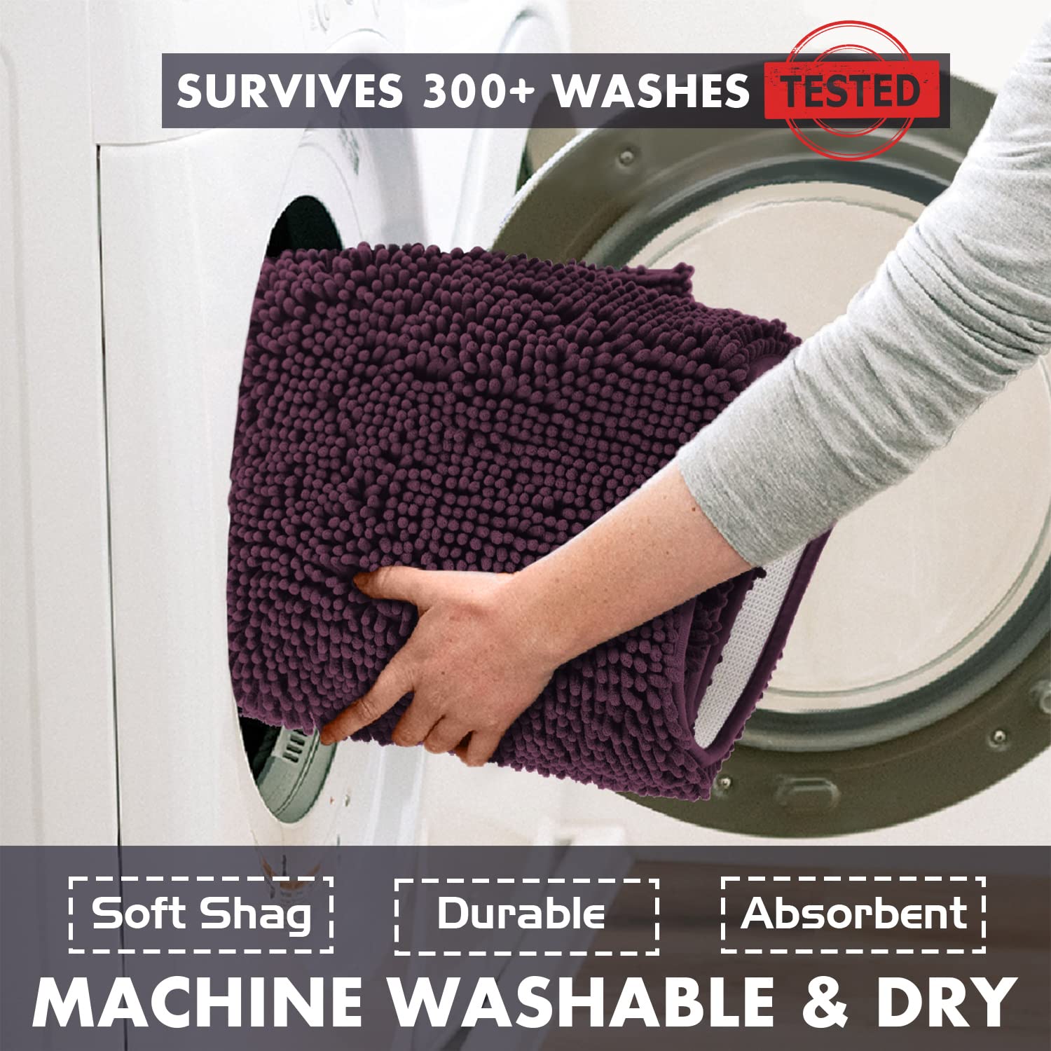 Ultra Soft Chenille Plush Bath Rugs - Non Slip Microfiber Floor Mats for Bathroom, Kitchen, Entryway & Living Room (30x20 Inches, Plum) - Absorbent & Cozy Home Decor for Wet Areas