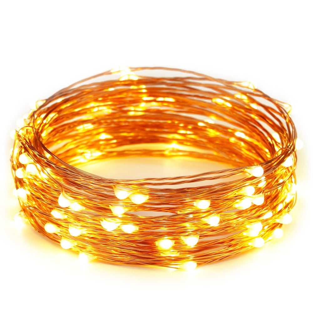 33ft LED String Lights with 100 Warm White LEDs - 10m Copper Wire Fairy Lights + 4.5V DC Power Adapter for Bedroom, Wedding, Party & Outdoor Decor