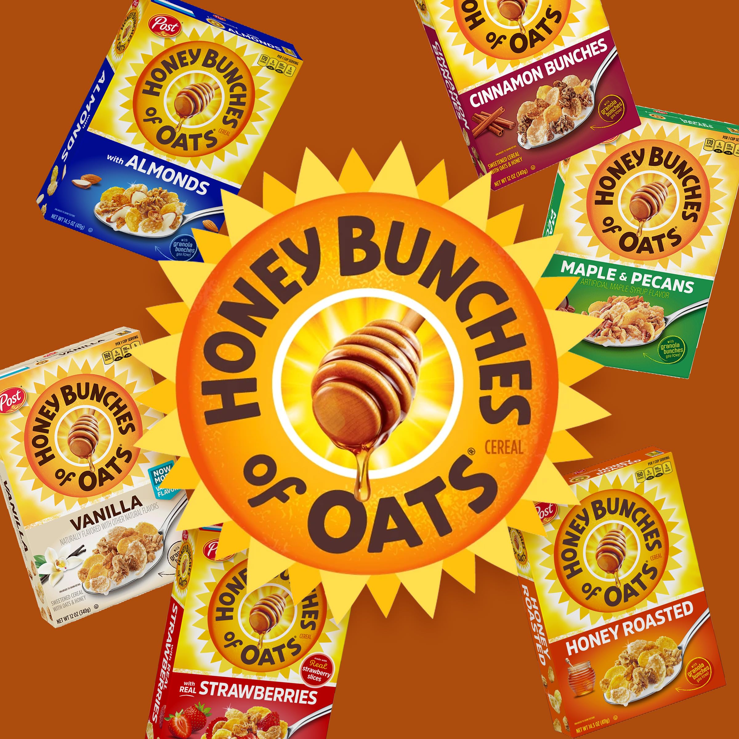 Honey Bunches of Oats Honey Roasted Breakfast Cereal with Granola Clusters - 18oz Box - Crunchy Whole Grain Oat Cereal for Healthy Breakfast & Snacking - Perfect for Family Mornings, Office Snacks & On-the-Go Energy